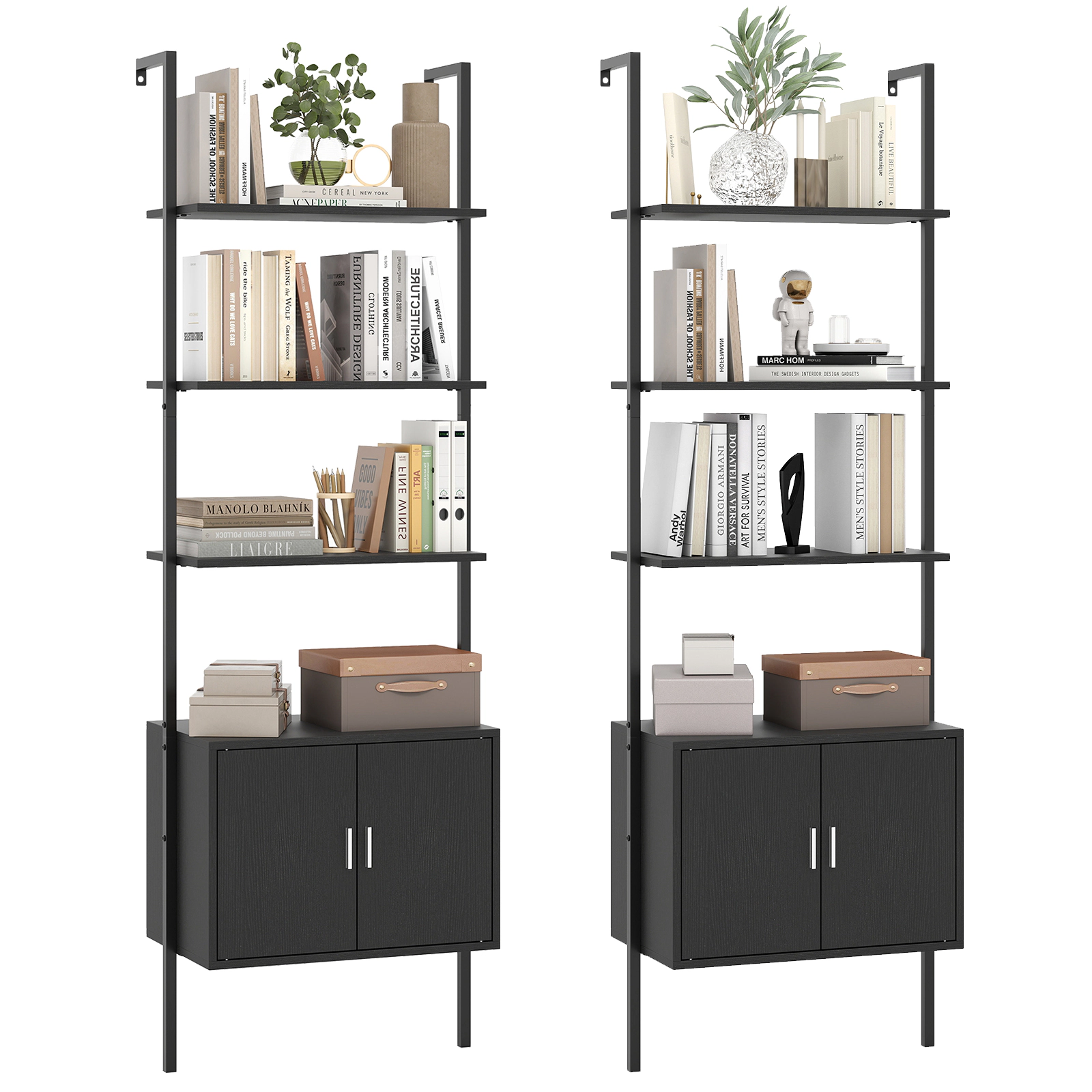 Costway 2PCS 72.5" Tall Bookshelf 5 Tier Wall Mount Ladder Bookcase w/ Cabinet White