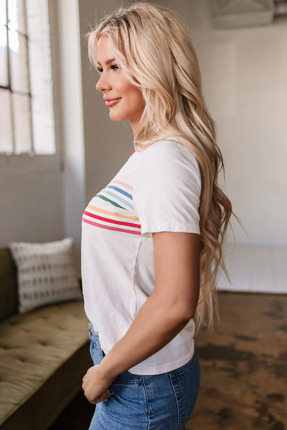 Threaded Pear Women's Carter Rainbow Stripe Crewneck Top