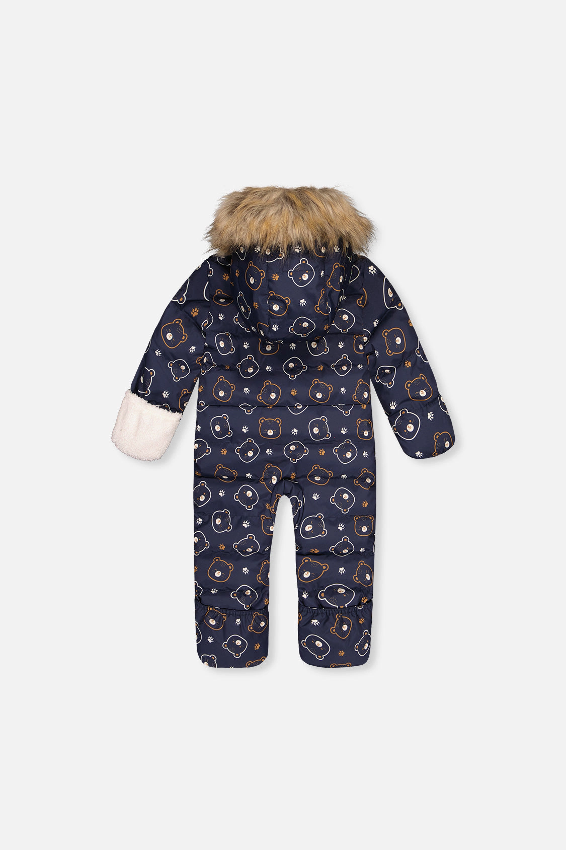 Deux par Deux Girls Snug Teddy Bear Print One Piece Snowsuit Adapted for Car Seats with Faux Fur-Trimmed Hood