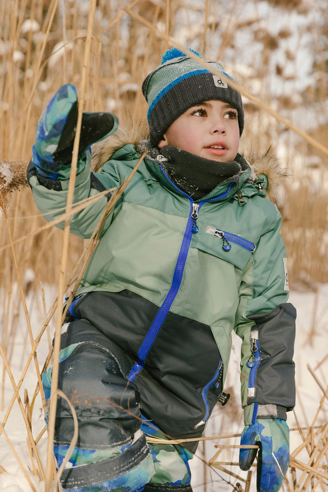 Deux par Boys Colorblock Two Piece Play Snowsuit with Hooded Jacket and Camouflage Snow Pants