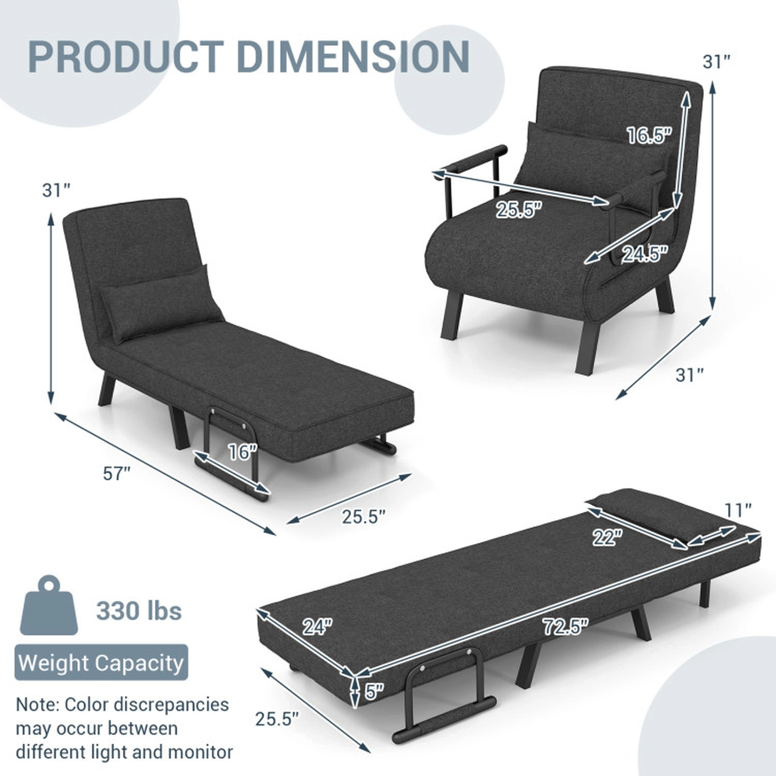 SUGIFT 3-in-1 6-Position Linen Convertible Sleeper Bed Armchair 72.5-in Long 330-lb Capacity 16-in Seat Height Gray