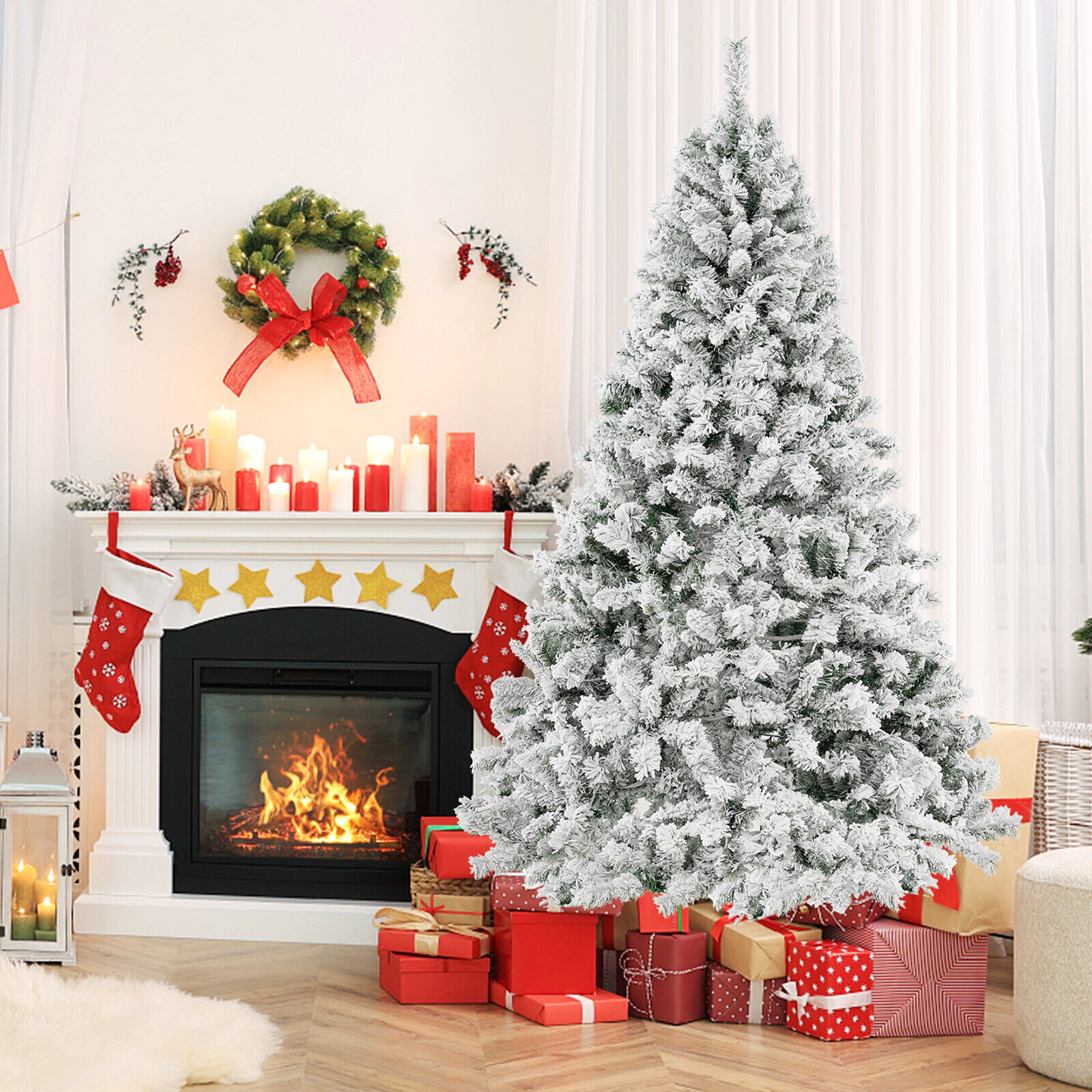 Glintex 7-Ft Flocked Christmas Tree with 956 Tips and 450 Warm White LEDs, Green