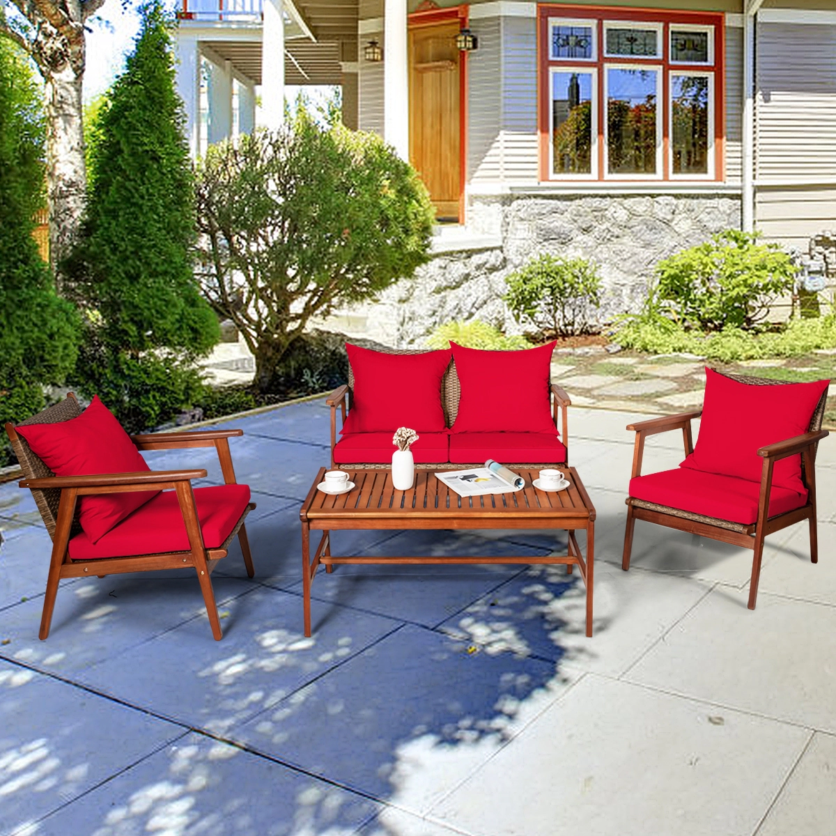 SUGIFT Red Coffee Table and Cushions 4-Piece Acacia Wood and Rattan Patio Sofa Set