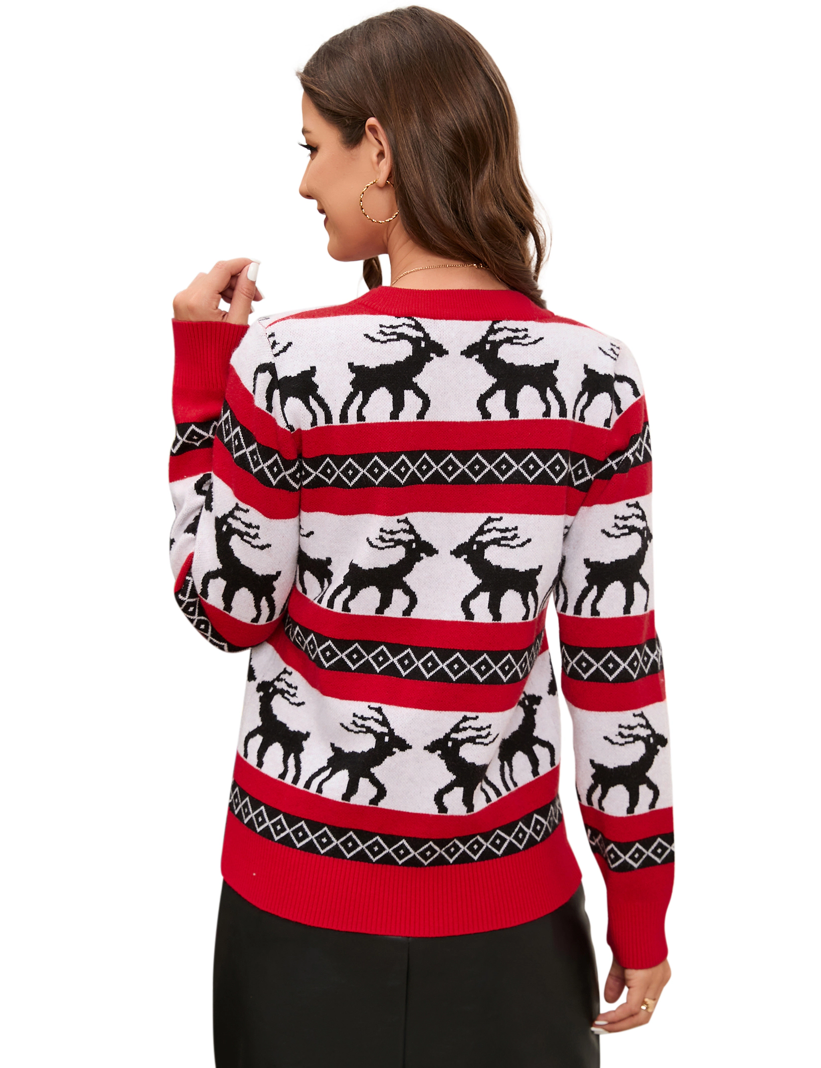 KOJOOIN Women Christmas Sweater Fair Isle Reindeer Knit Pullover Striped Jacquard Sweater for Holiday Party
