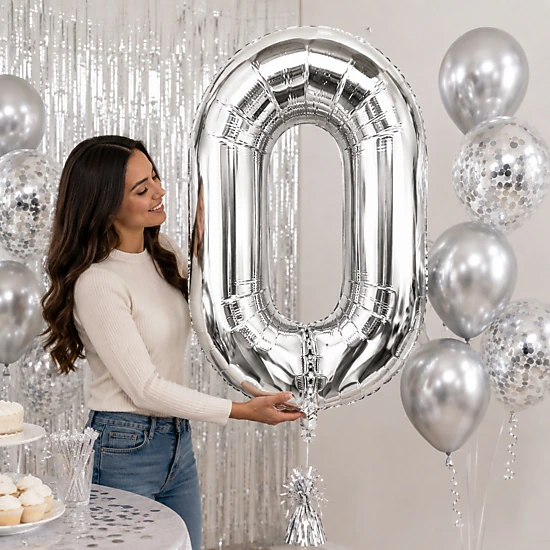 LoonBalloon Silver Number 0 Foil Balloon Set with 8 Silver and White ...