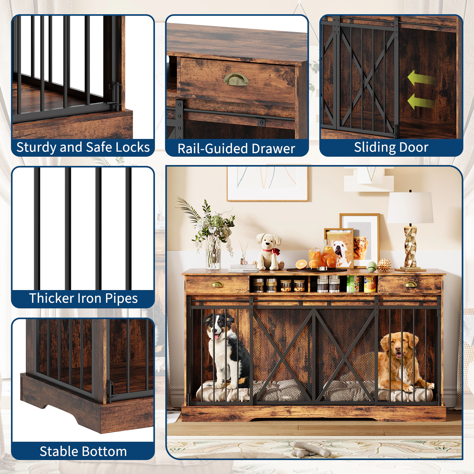 63" Extra Large Double Dog Crate with Removable Divider & 2 Drawers, Heavy Duty Furniture TV Stand