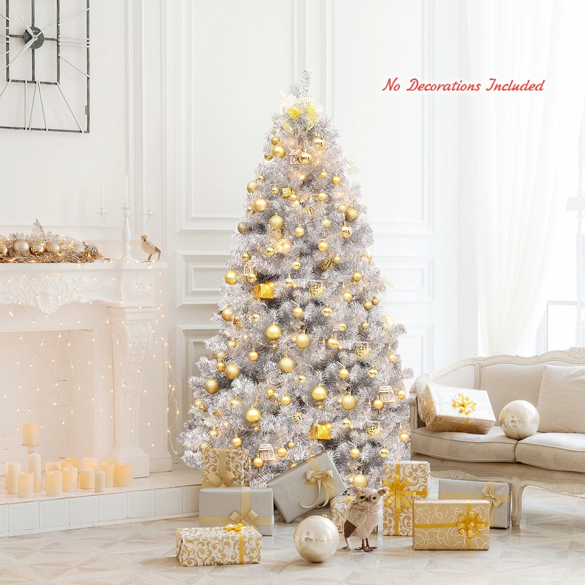 SUGIFT 6 ft Silver Tinsel Christmas Tree Unlit Hinged Artificial Xmas Tree with Metal Stand