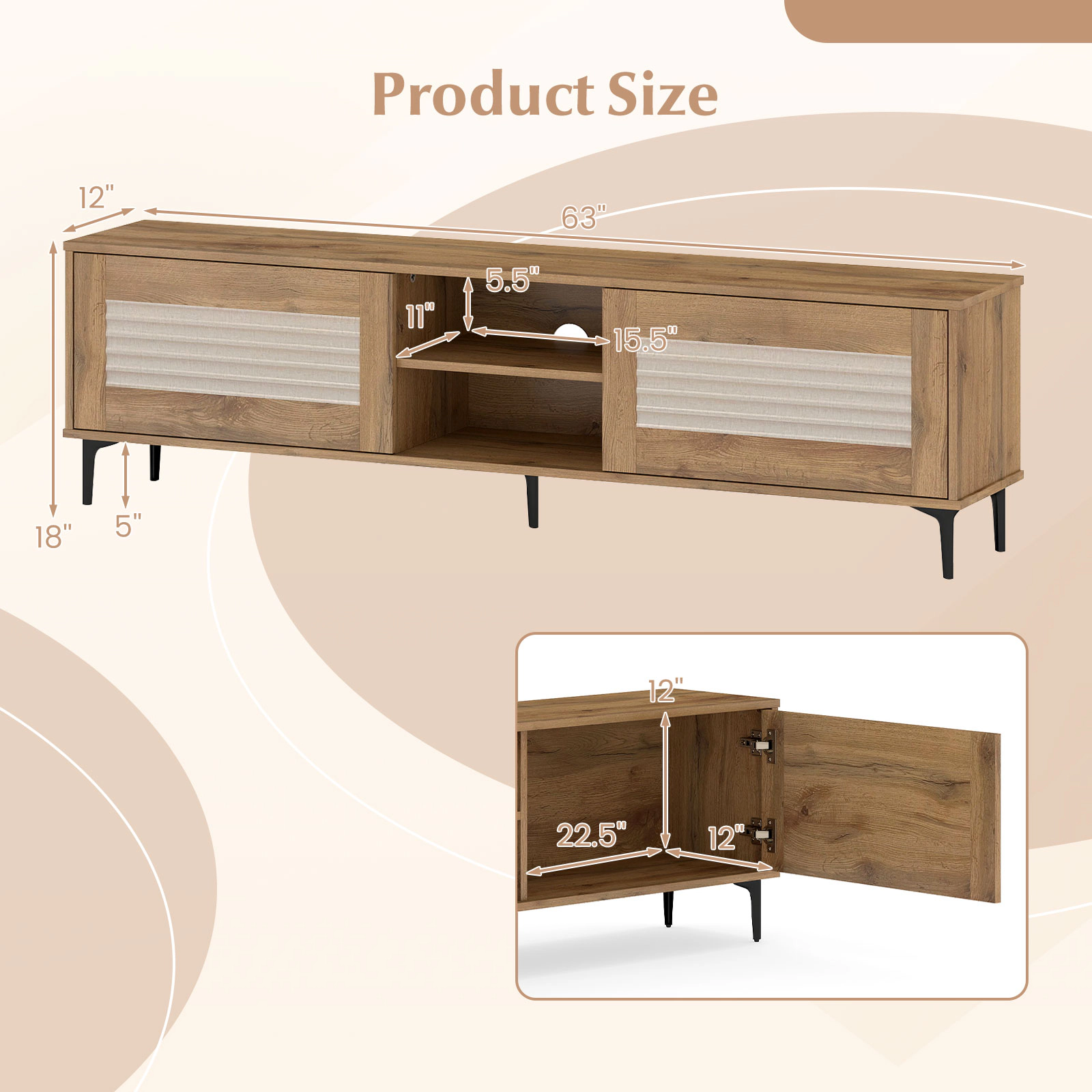 SUGIFT Waveform Fluted TV Stand for TVs up to 70 Inches with Cabinets and Shelves 132-lb Tabletop Capacity Oak
