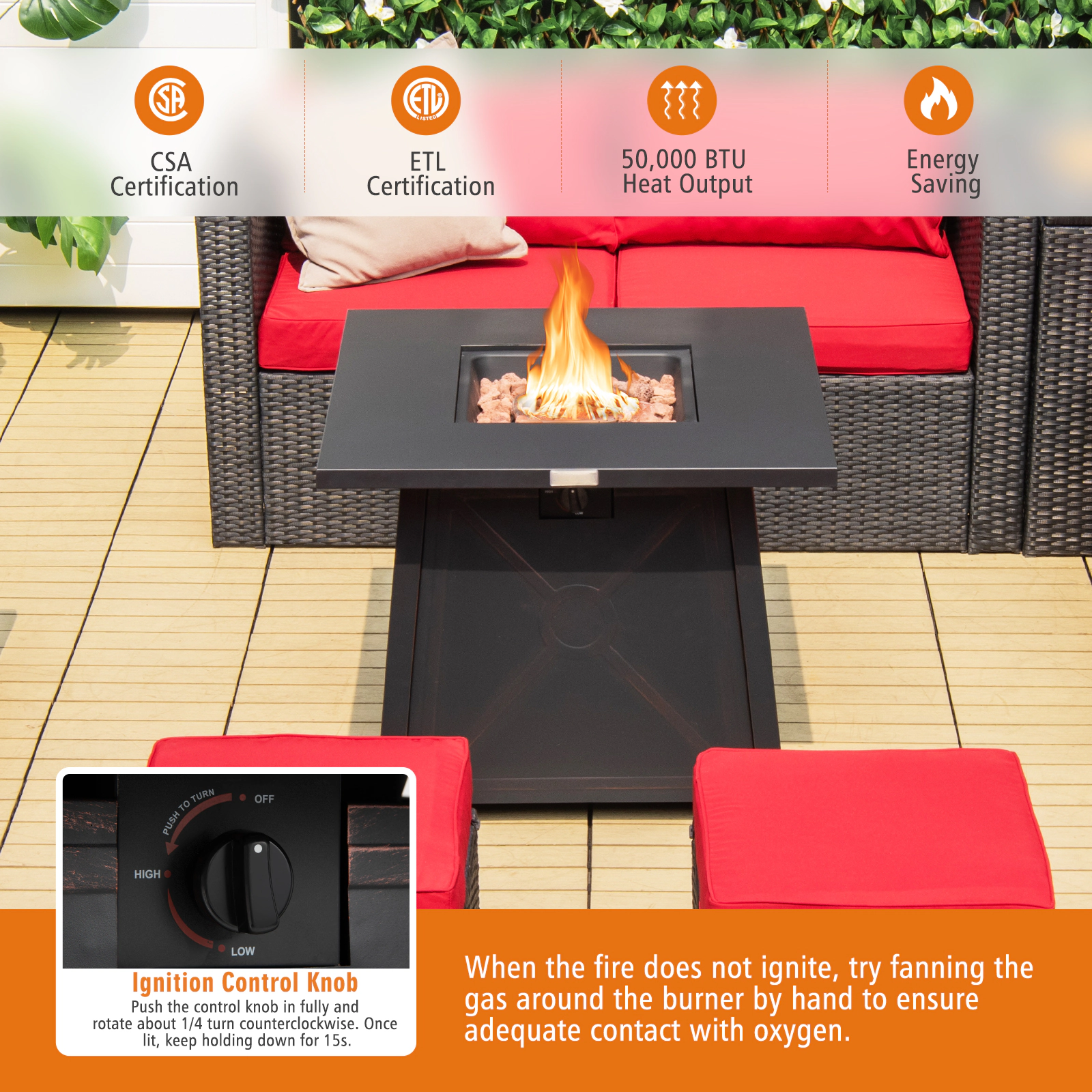 SUGIFT 30-Inch Square Propane Fire Pit Table, 50,000 BTU, Lava Rocks, PVC Cover
