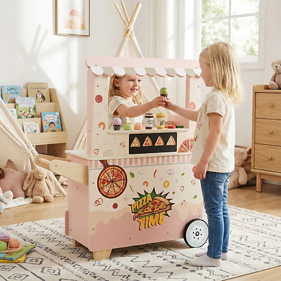Hivvago Kids Pizza Food Truck Wooden Pretend Play Snack Cart With Oven