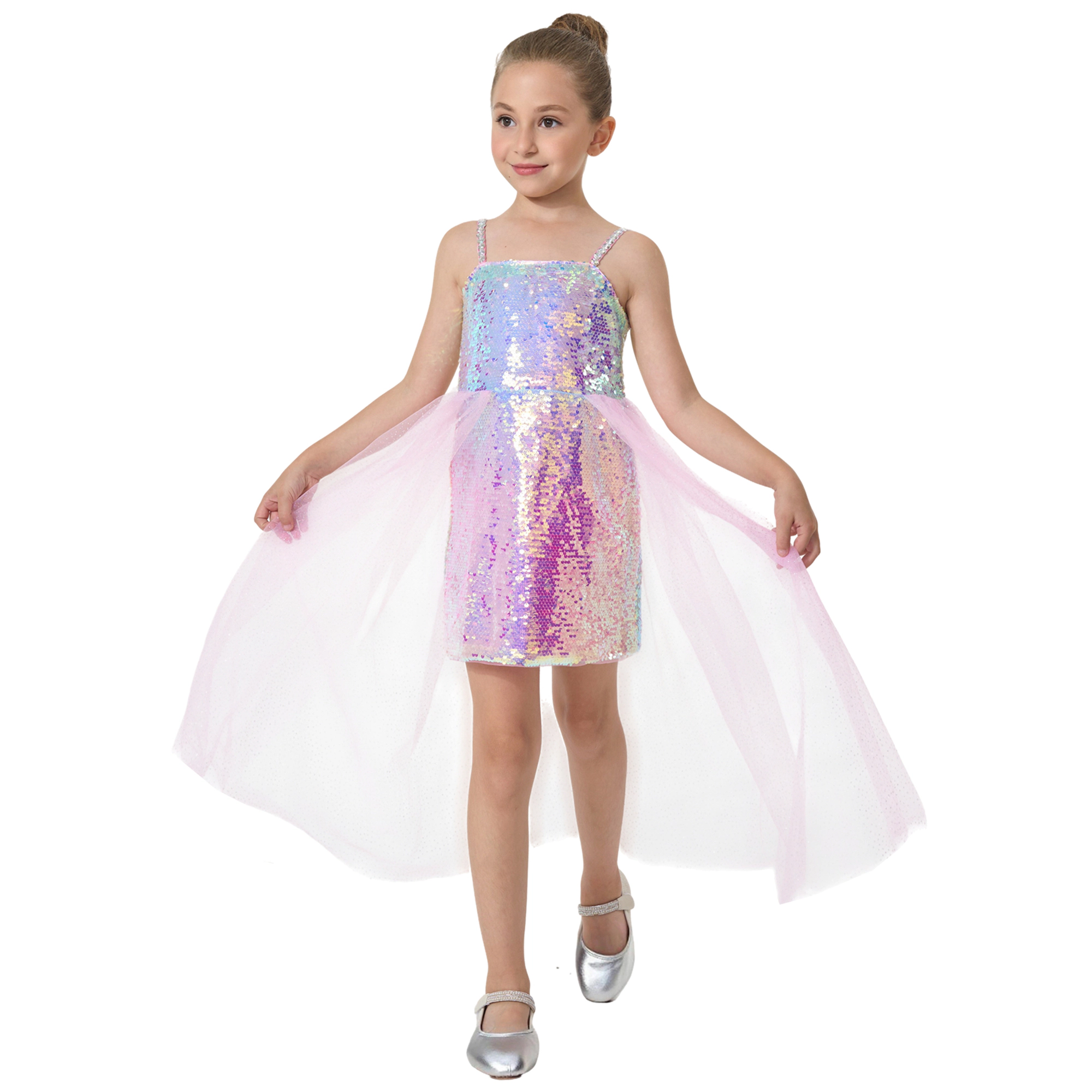 2Bunnies Girls' Ombre Sequin Dress with Tulle Waist Overskirt