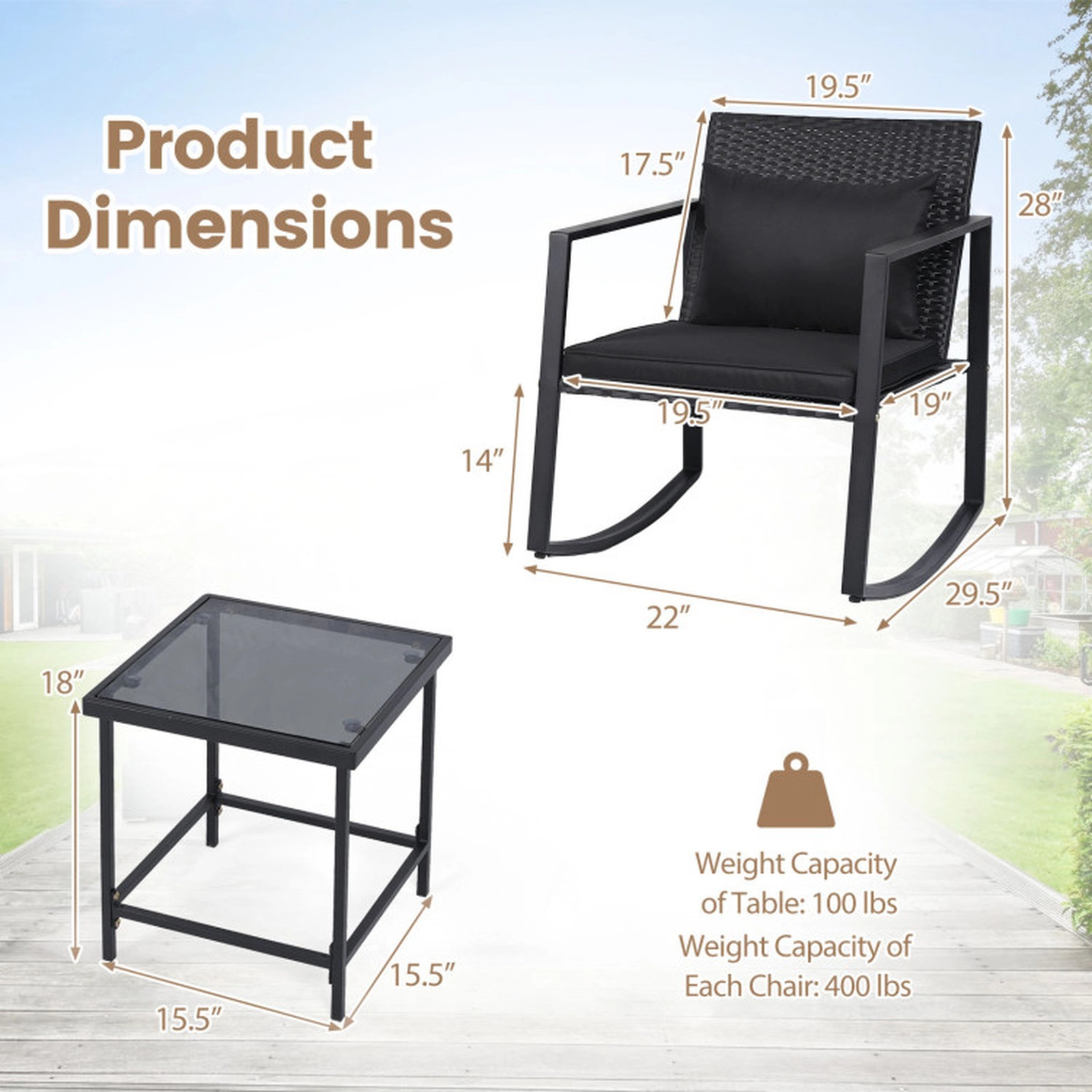 SUGIFT 3-Piece Black Wicker Patio Rocking Chair Set with Cushions and Glass Table
