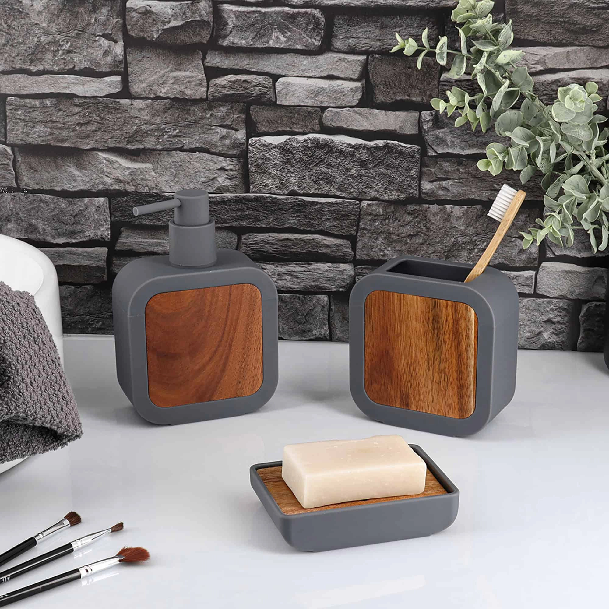 Evideco French Home Goods Urban Rubber-Coated Soap Dispenser with Wood Cap, 12 fl oz