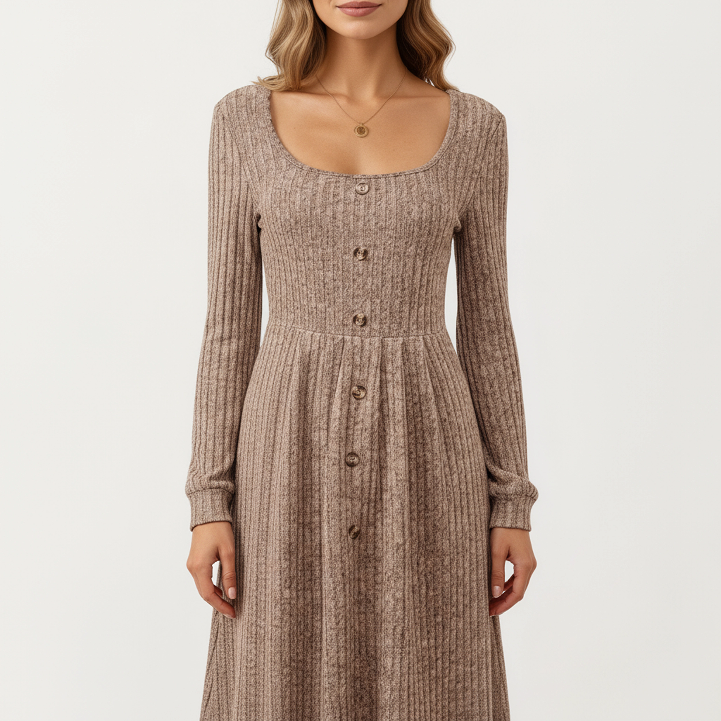 Anna-Kaci Women's Ribbed Knit A-Line Button Front Dress