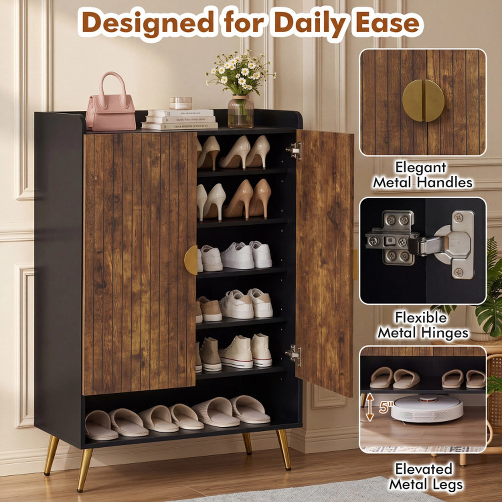 SUGIFT Rustic Brown 7-Tier Doors Adjustable Shelves 44 Inch Tall Shoe Storage Cabinet
