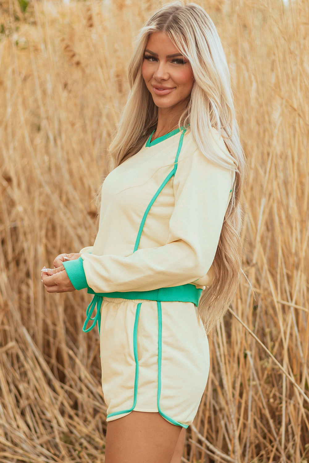 Threaded Pear Women's Wren Long Sleeve Pullover and Drawstring Shorts Outfit