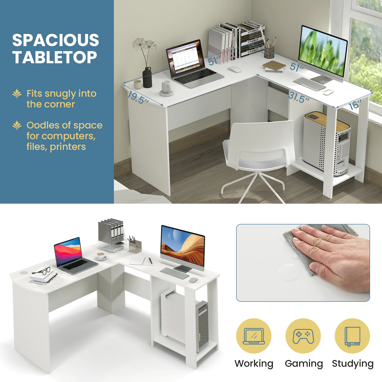 SUGIFT L-Shaped Computer Desk 330-lb Tabletop and 45-lb Shelf Capacity with 2 Cable Holes and 2 Storage Shelves White