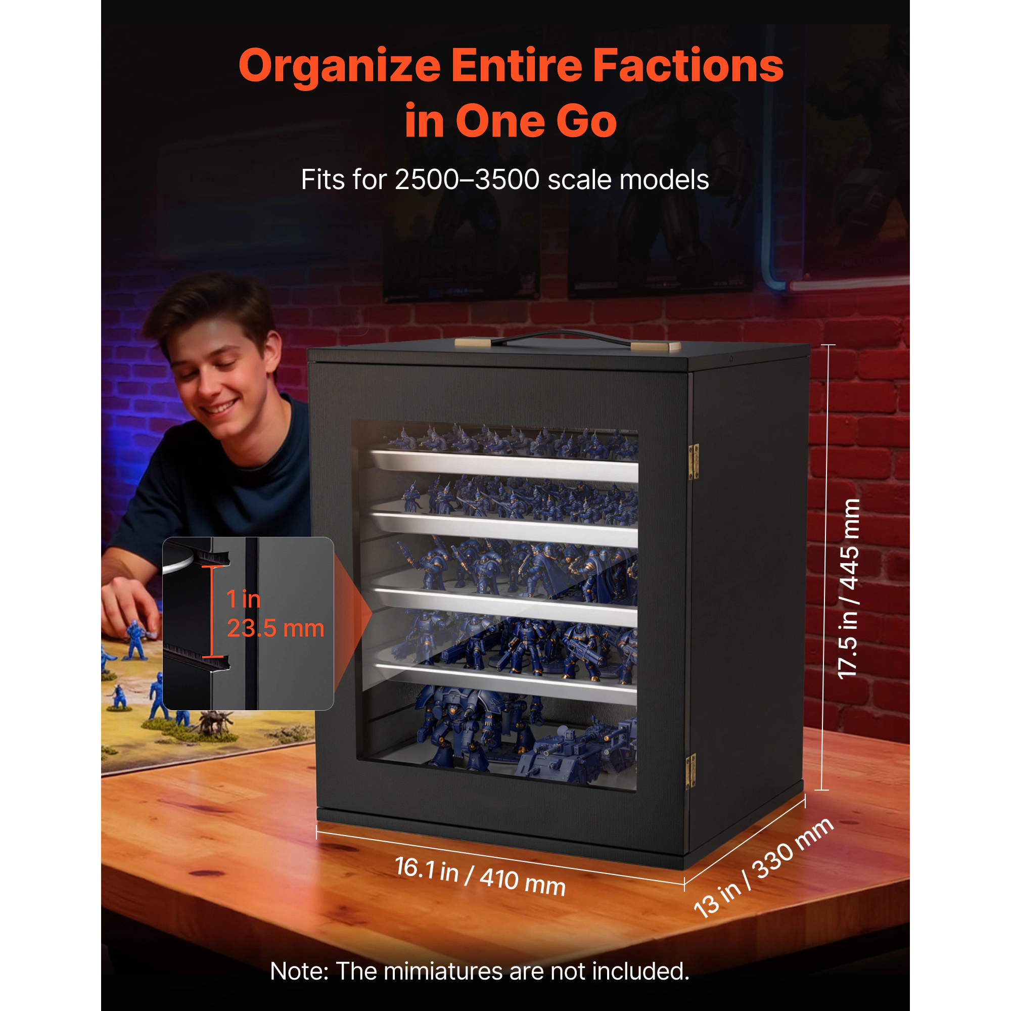 HONGGE Miniatures Storage Case, Warhammer Fits for Scale Models, Wooden Miniatures Display Holder with 5 Tray & Slots