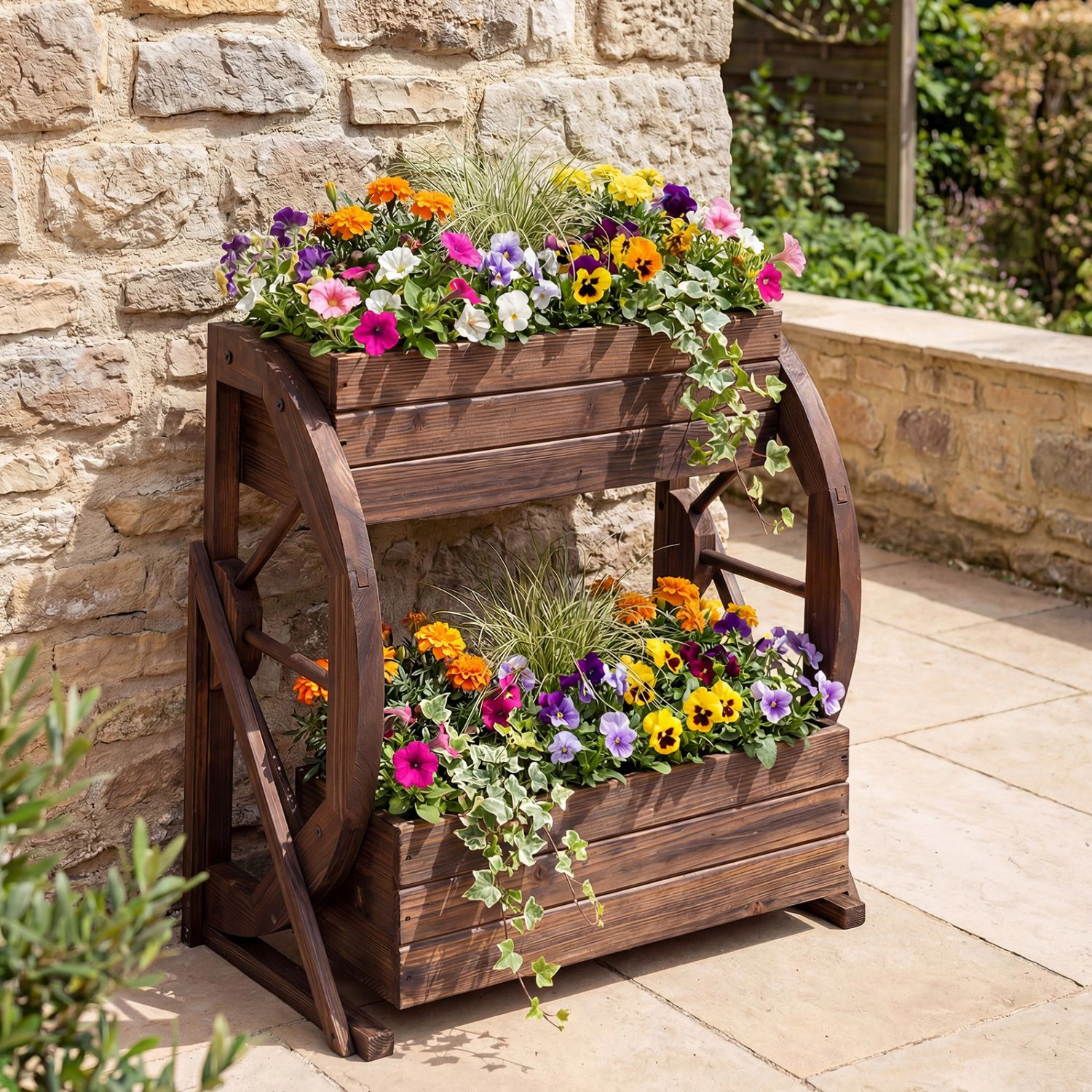 SlickBlue Wooden Wagon Planter Box 2 Tier Raised Garden Bed with Wheels