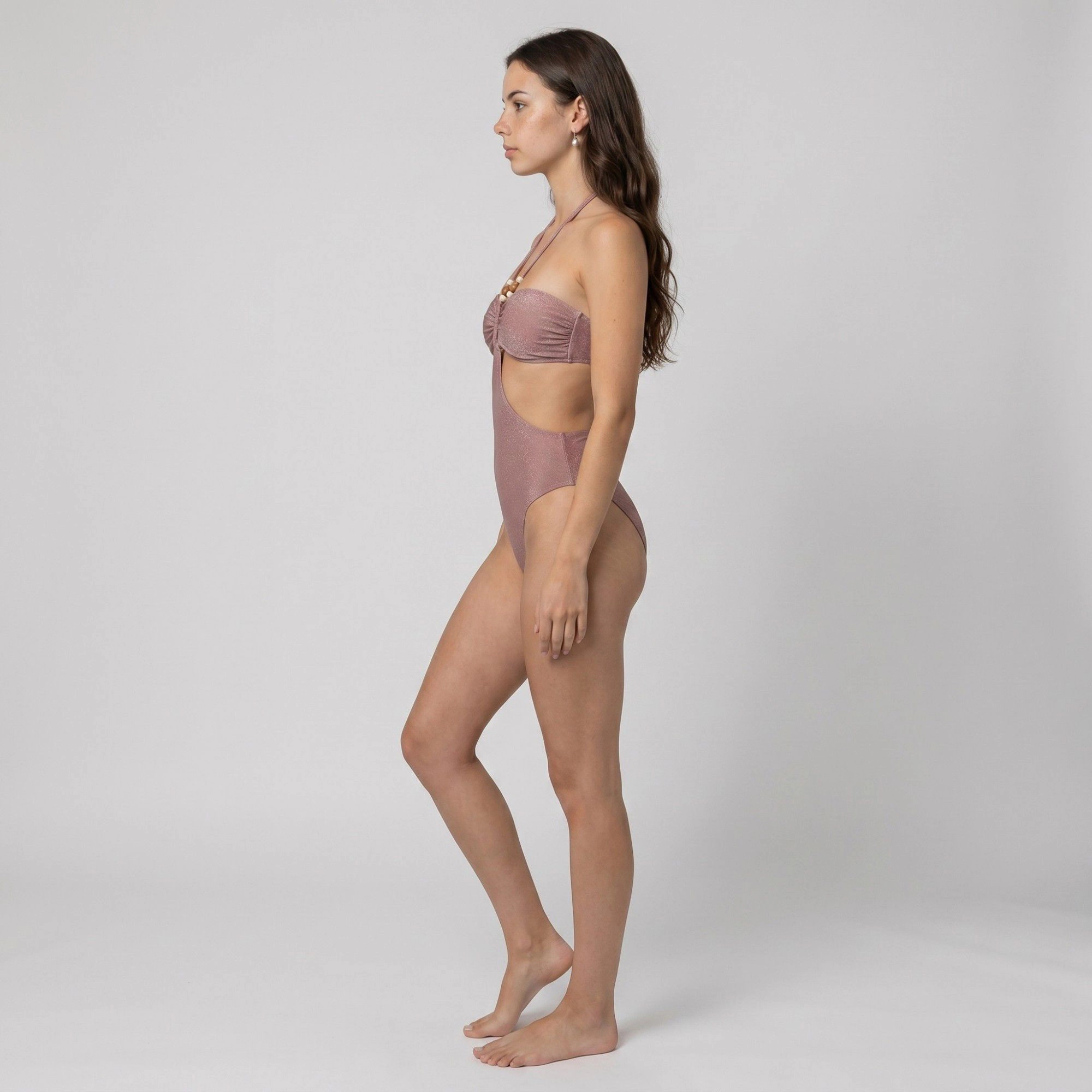 Anna-Kaci Shimmer Halter Cutout One-Piece Swimsuit - Beaded Strap, Ruched Bust, High Cut Leg