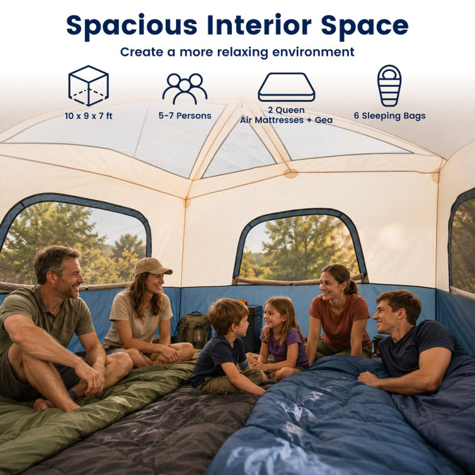 SUGIFT Blue 10-ft x 9-ft 6-Person Cabin Camping Tent with Top Rainfly Mesh Windows and Carrying Bag
