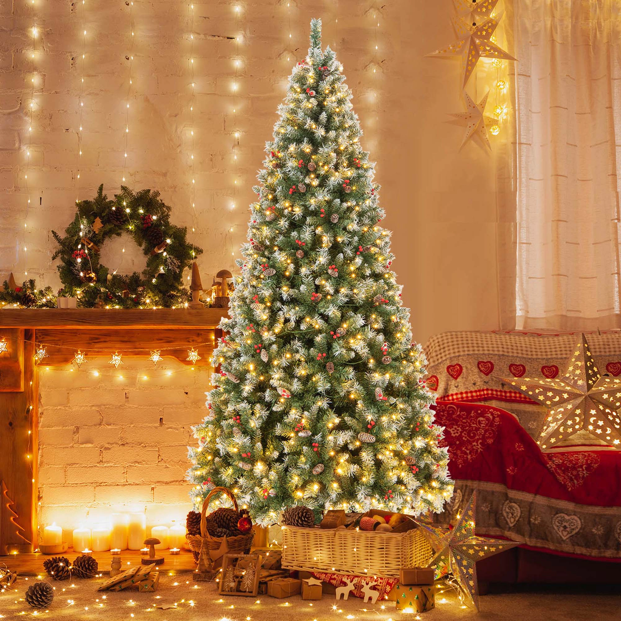 Costway 9 FT Artificial Christmas Tree Hinged with 650 Warm LED Lights & 309 Red Berries