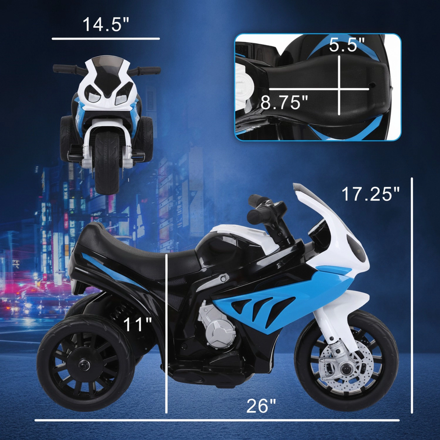 HONGGE 3-Wheel Toddler Electric Motorcycle, 6V, Headlight & Music, Holds 44 lbs, Blue