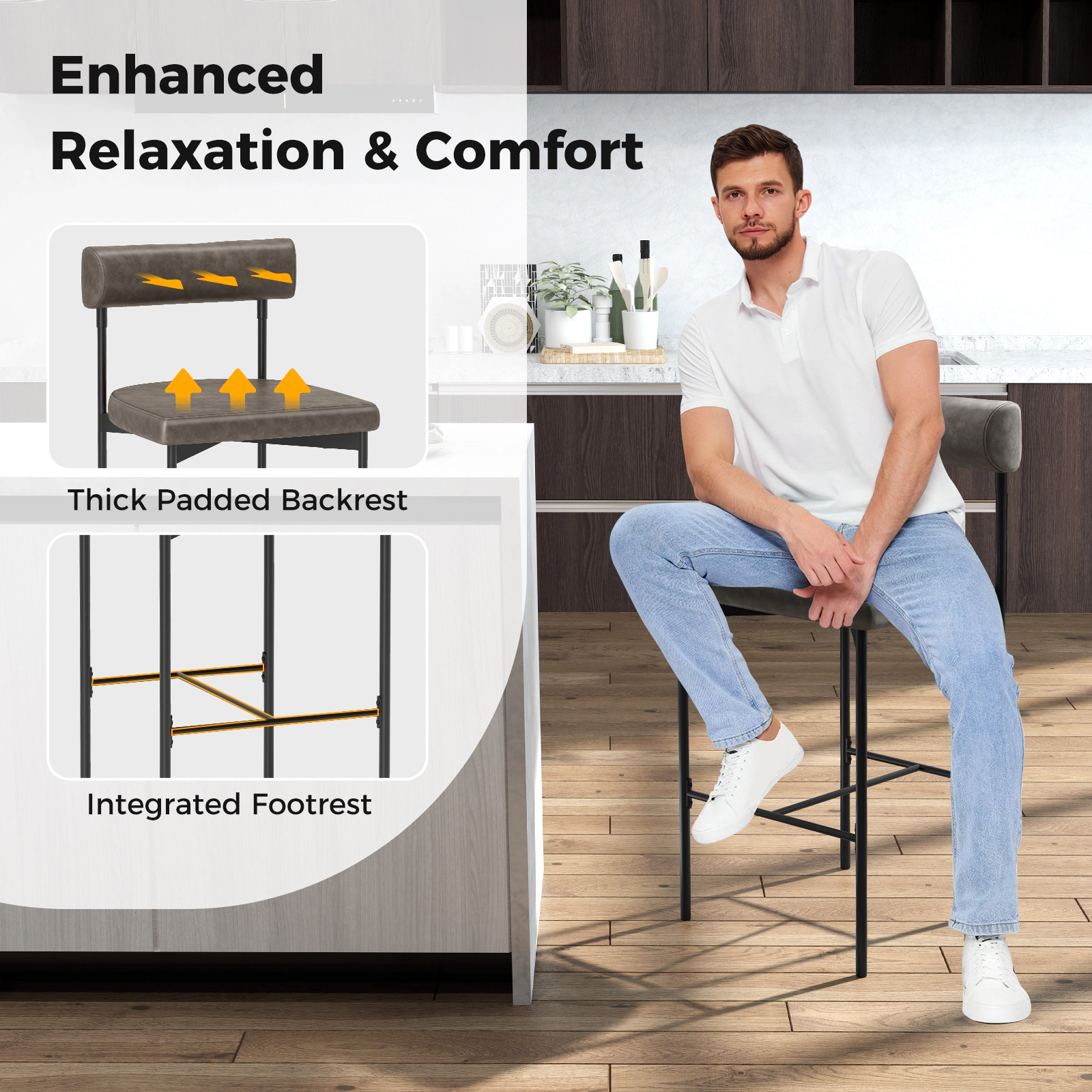 SUGIFT 26-in Seat Height Upholstered Counter Height Bar Stools 400-lb Capacity with Backrest Gray + Black