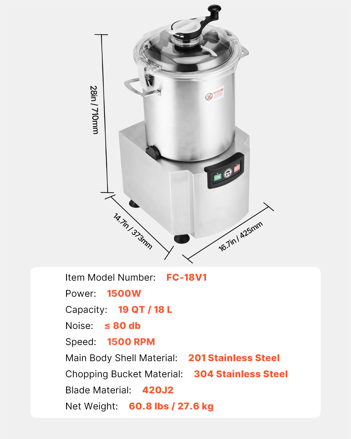 HONGGE 19-Quart Commercial Food Processor & Vegetable Chopper, 1500W Stainless Steel with S-Curve Blade