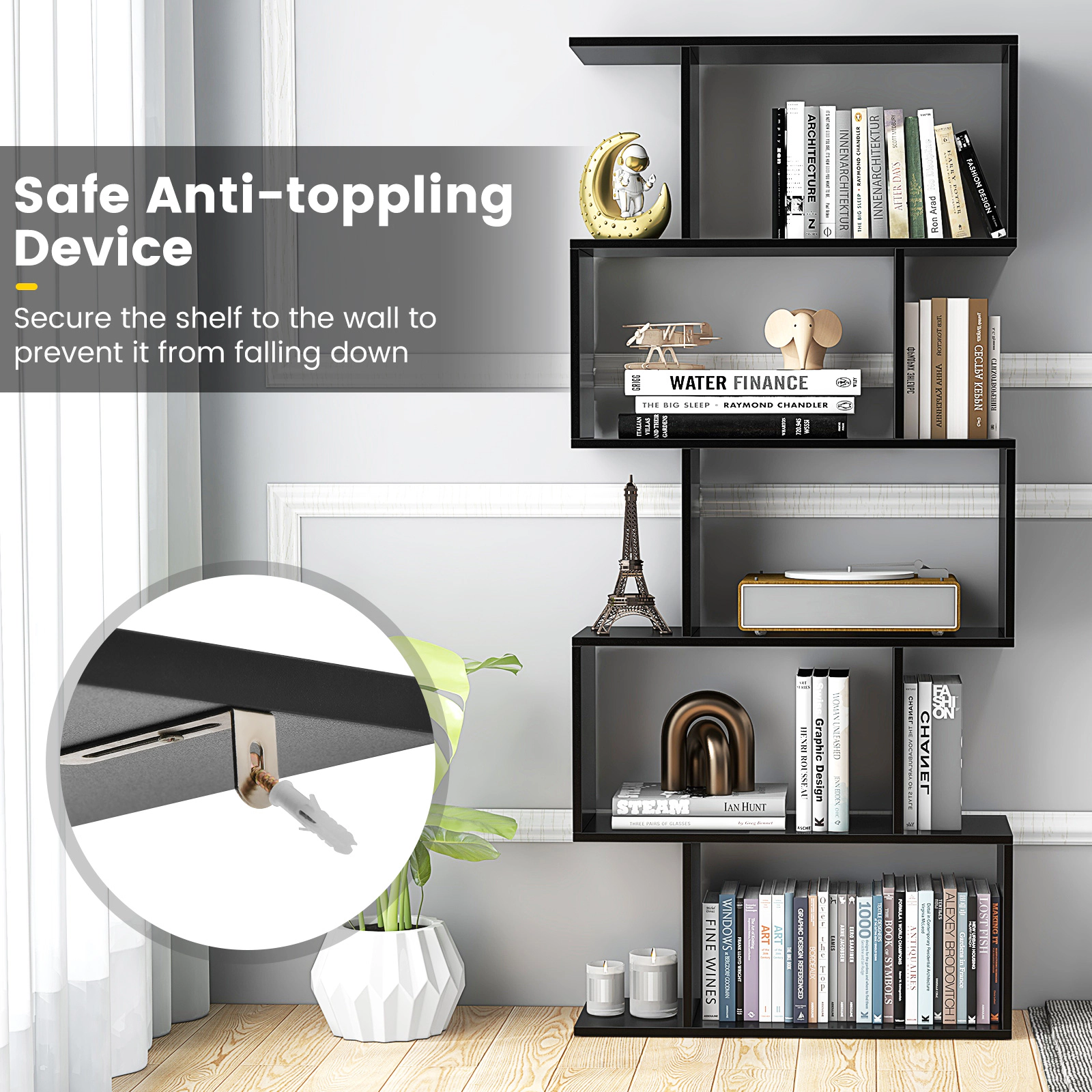 SUGIFT 5-Tier Black 62.5-in S-Shaped Geometric Bookshelf Room Divider with Anti-Toppling Device and 45-lb Shelves