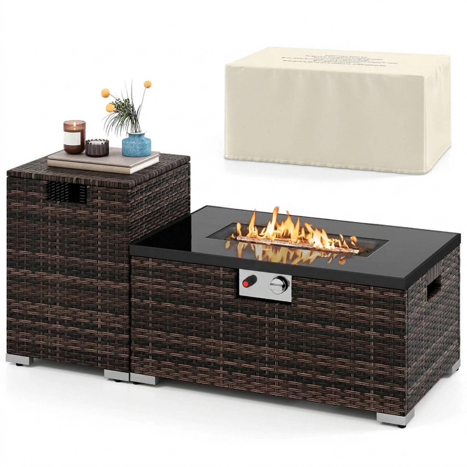 SUGIFT 2-Piece 32-in Rectangle 40000-BTU Propane Gas Fire Pit Table Set with PE Rattan and Tank Cover