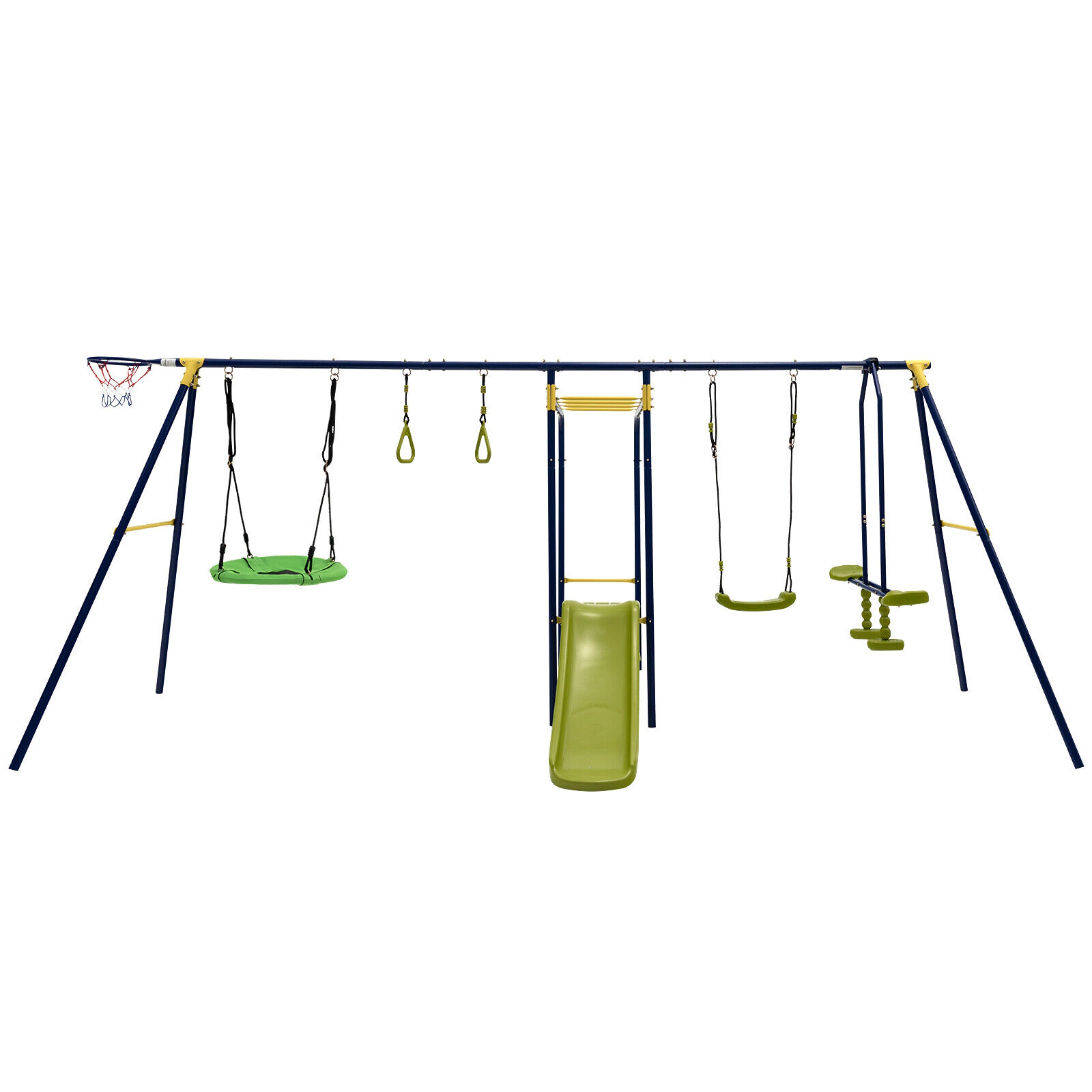 SUGIFT 7-in-1 A-Shaped Steel Kids Outdoor Swing Set with Slide Basketball Hoop Monkey Bar and Gym Rings