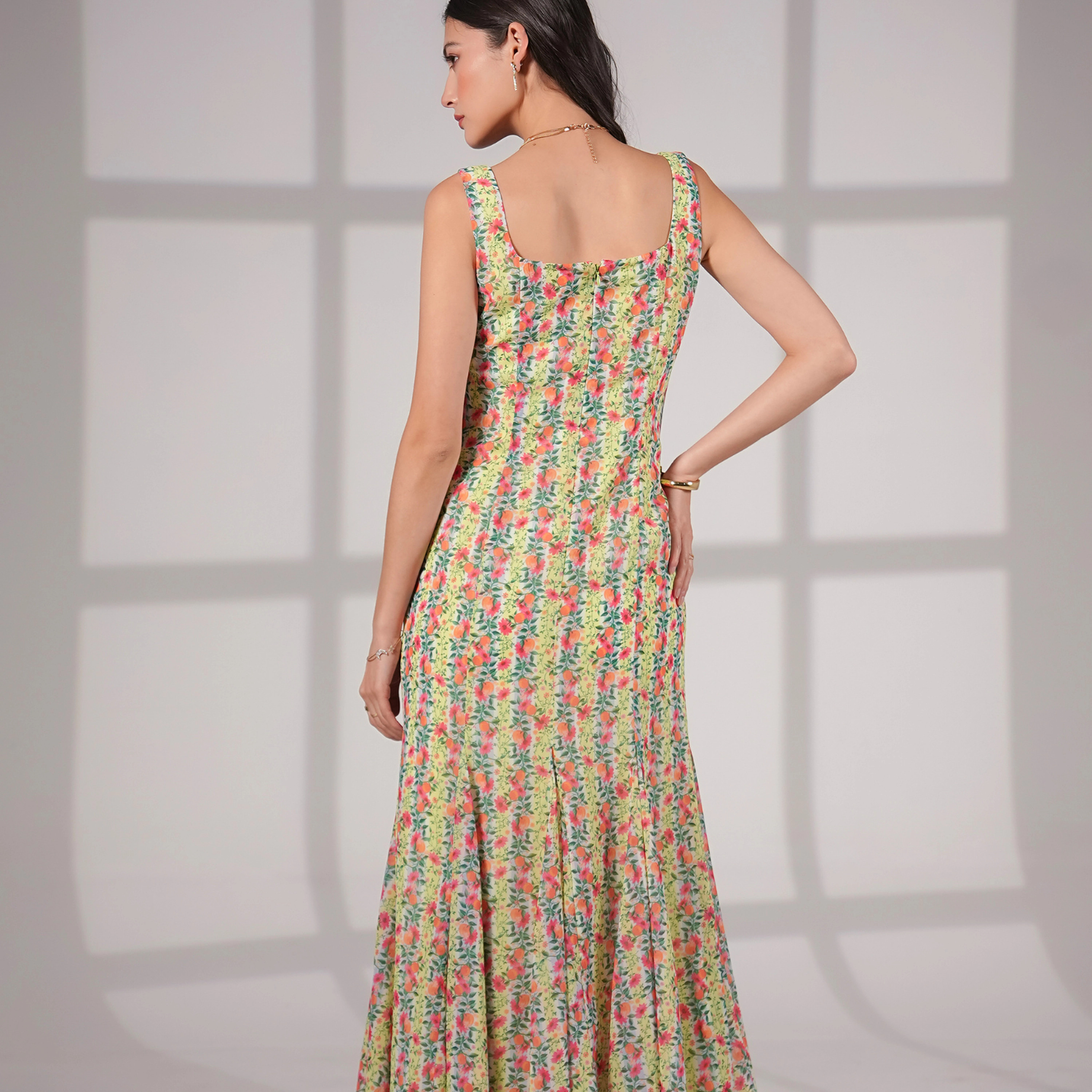 Rose & Nancy Women's Annie Fit and Flare Hand Embellished Yellow Pink Fruit Print Maxi Dress