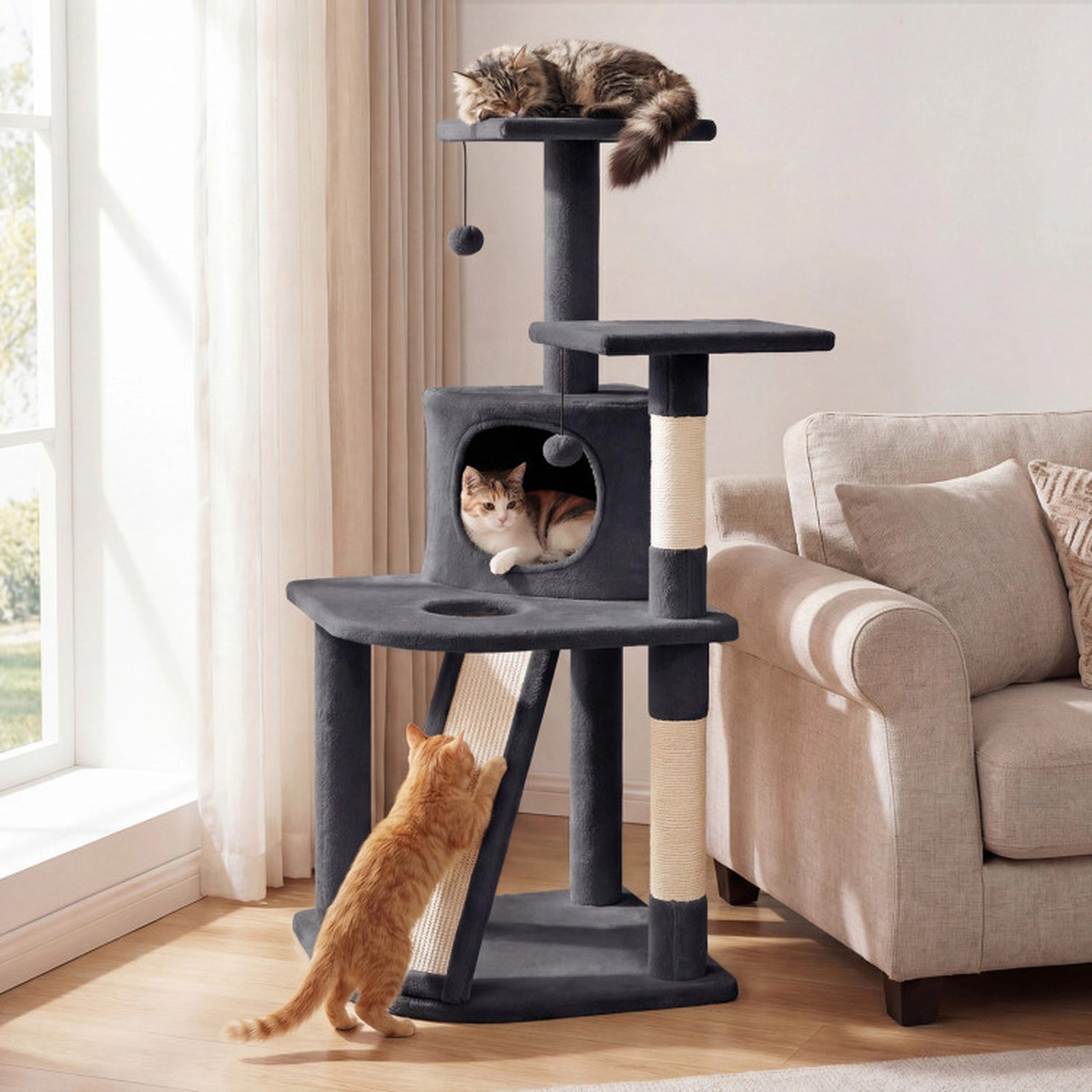 SUGIFT 44-in Tall Dark Gray Cat Tree Tower with Condo 2 Plush Perches Sisal Posts Ramp and Hanging Balls