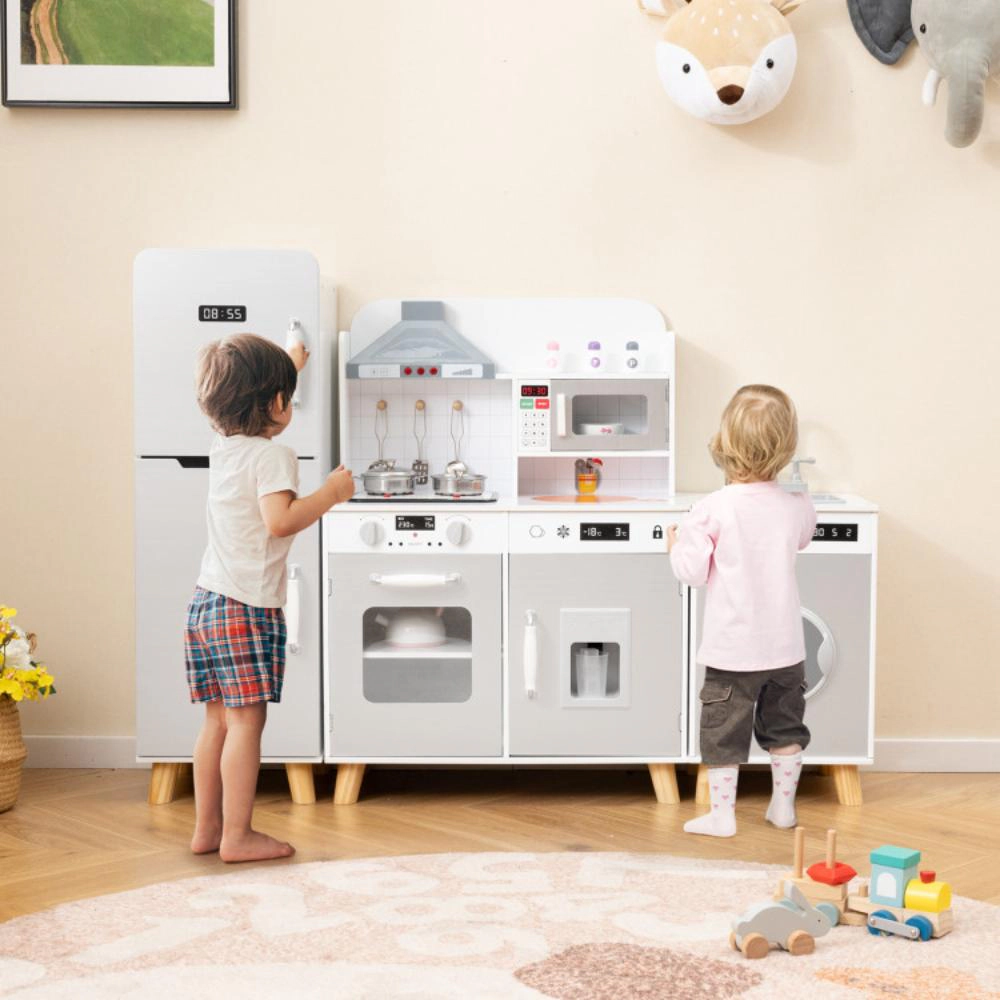 Hivvago Kids Kitchen Playset 3-in-1 with Refrigerator and Washing Machine-Gray