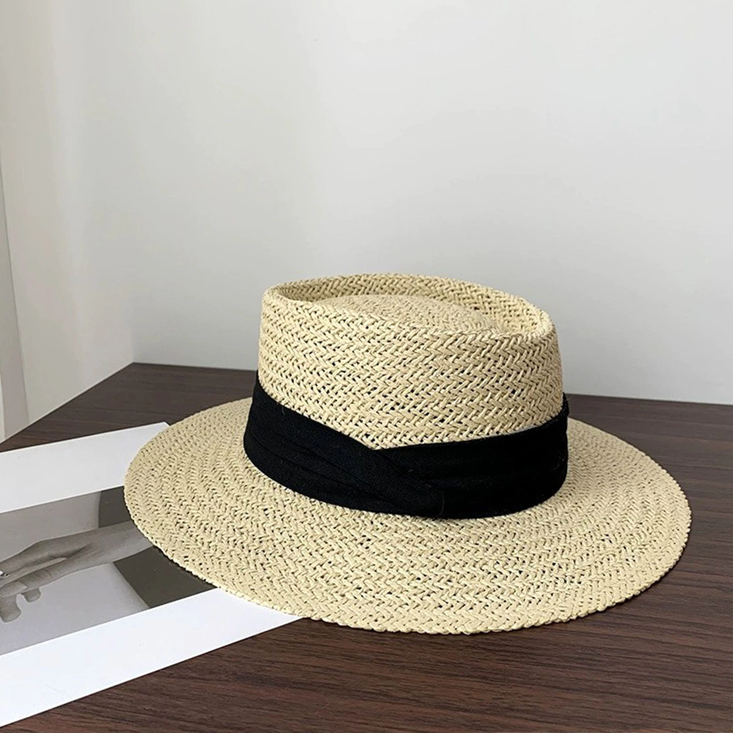 Anna-Kaci Womens Straw Boater Hat Flat Top Wide Brim Summer Beach Sun Lightweight, Natural