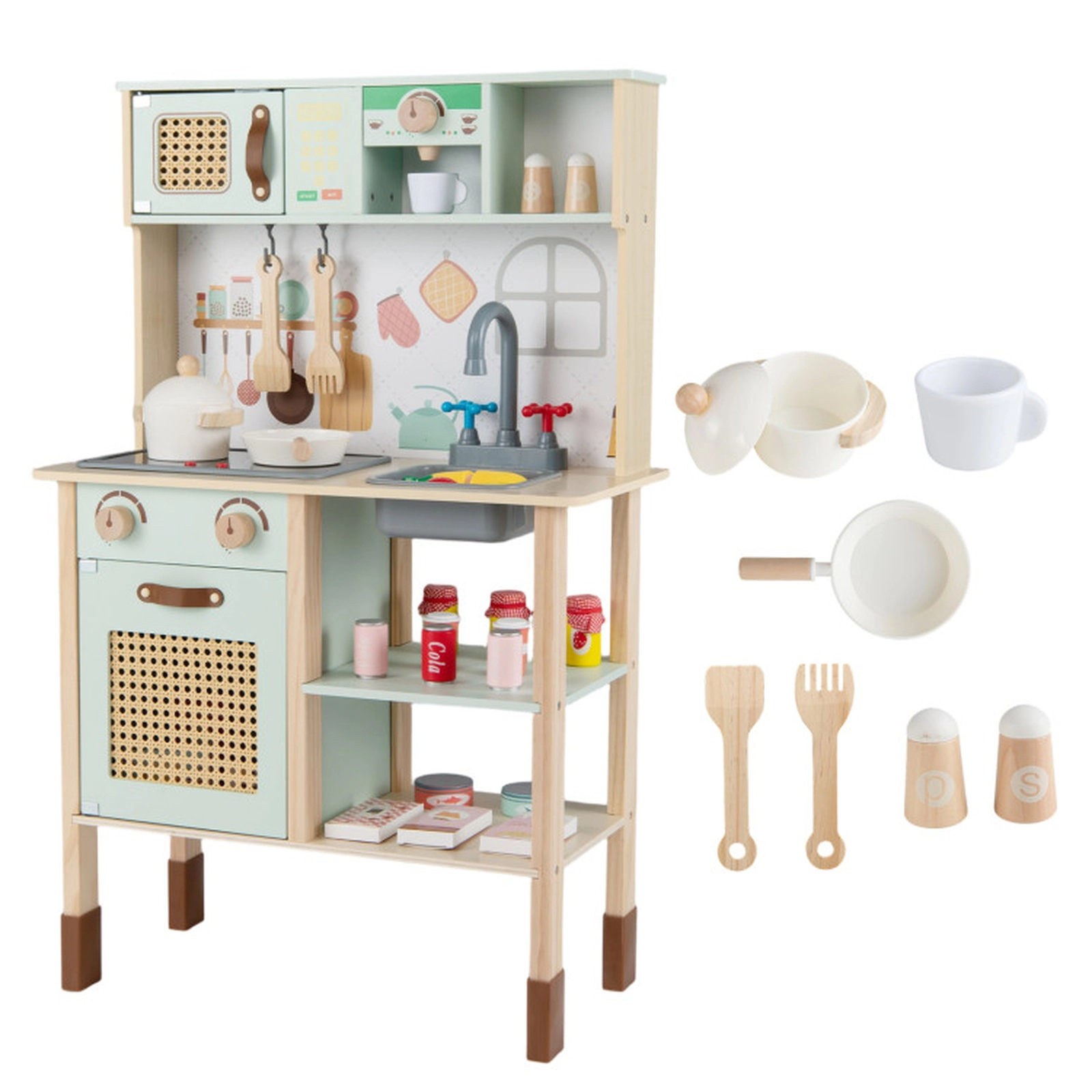 SUGIFT Wooden Play Kitchen with Lights and Sounds Retro Style for Kids 3+ Years 24-in Wide Green with Accessories