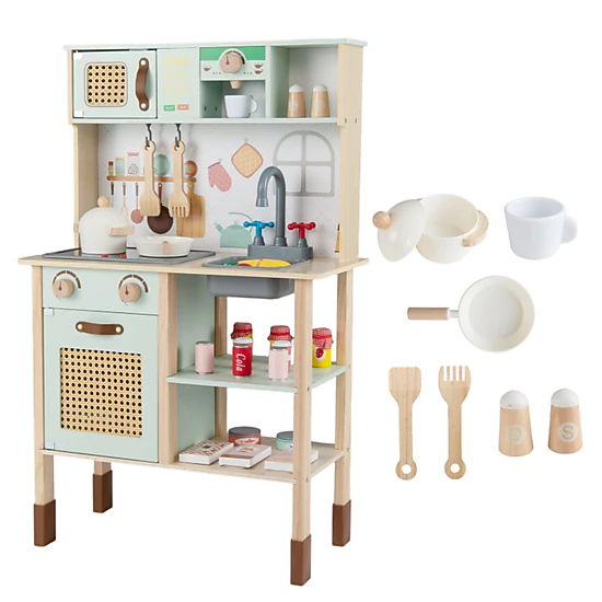 SUGIFT Wooden Play Kitchen with Lights and Sounds Retro Style for Kids 3+ Years 24-in Wide Green with Accessories
