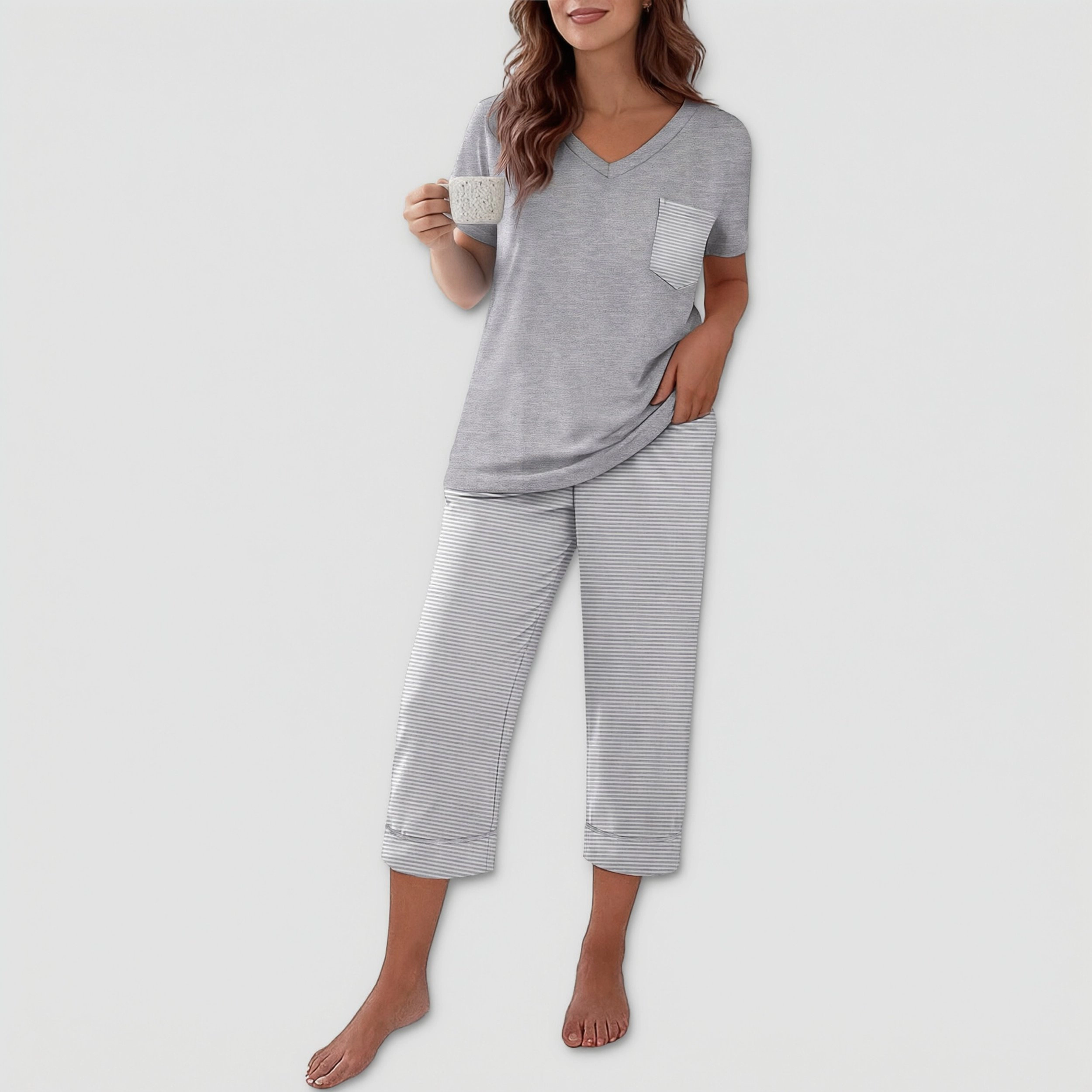 Ekouaer Cotton Pajamas for Womens Set Short Sleeve Top and Capri Pants Lounge Sets Soft Sleepwear