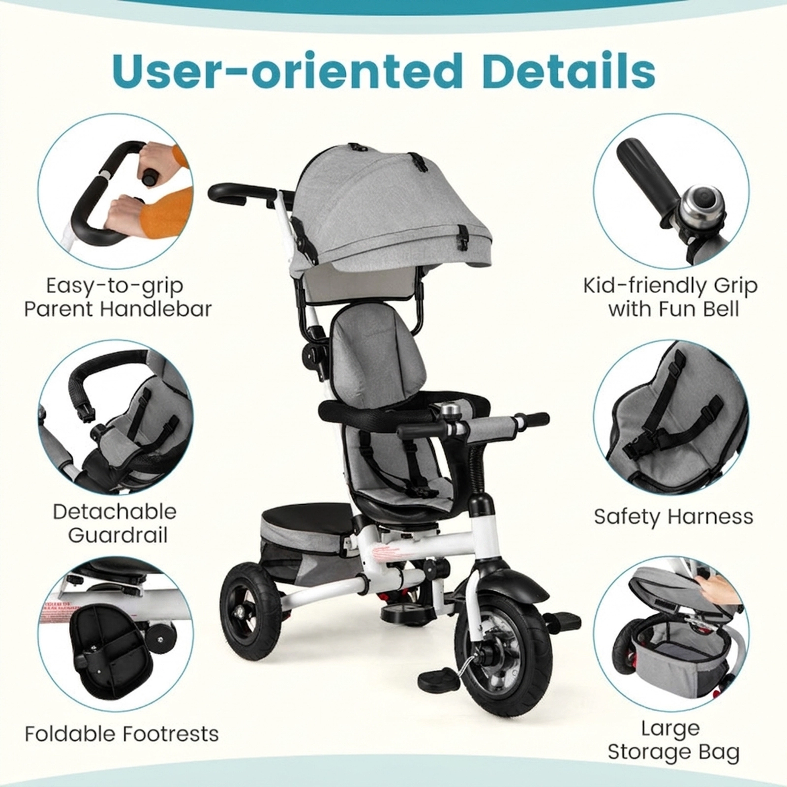 SUGIFT Gray 5-Mode Folding Toddler Tricycle, Reversible Seat, 3-Height Push Handle