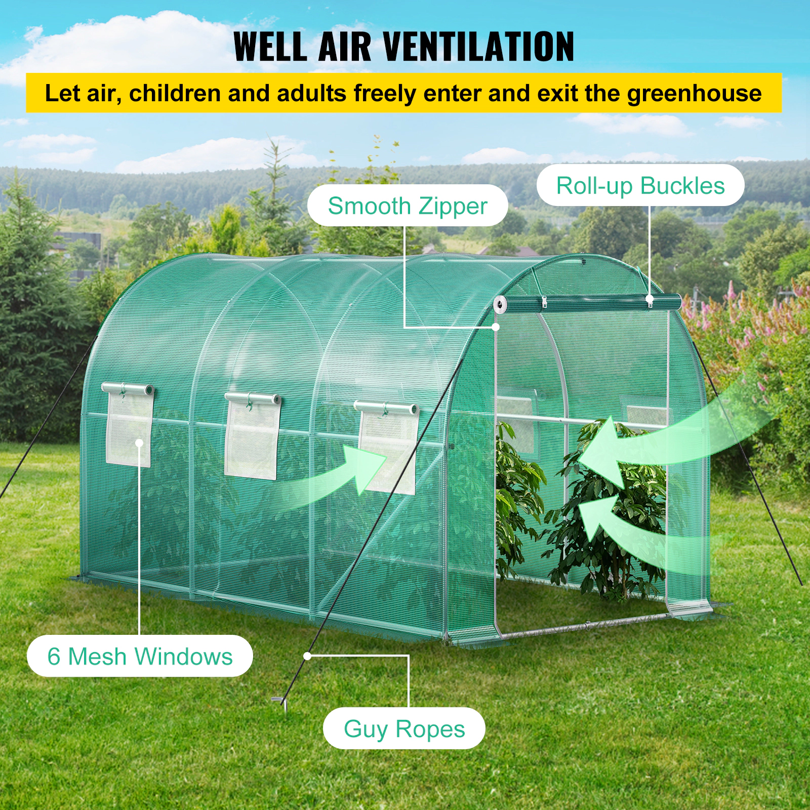 HONGGE Walk-in Tunnel Greenhouse Portable Plant Hot House with Galvanized Steel Hoops 1 Top Beam Diagonal Poles