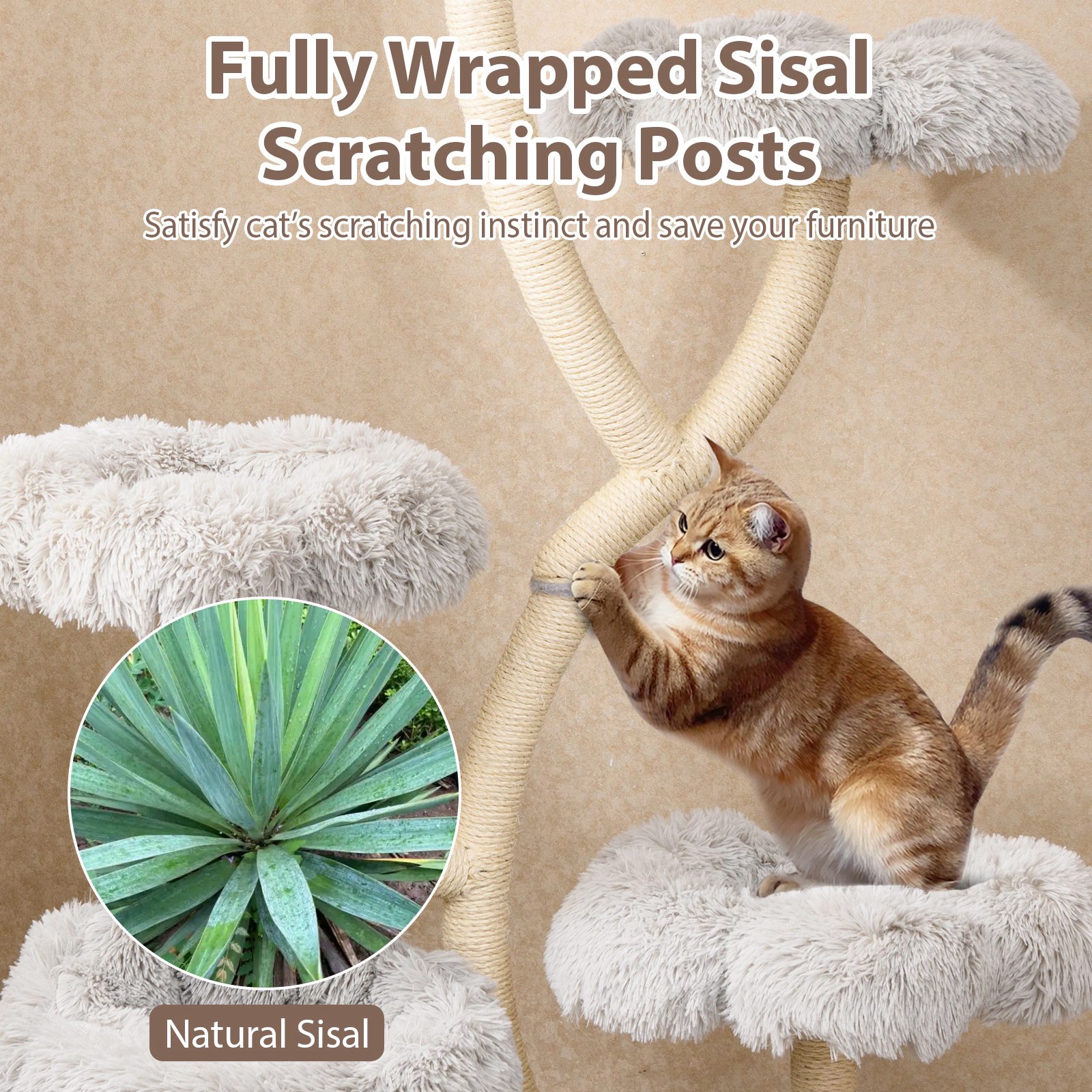 SUGIFT 4-Tier Freestanding Cat Tree Tower with Flower-Shaped Platforms and Sisal Posts 28.5-lb Capacity White/Gray