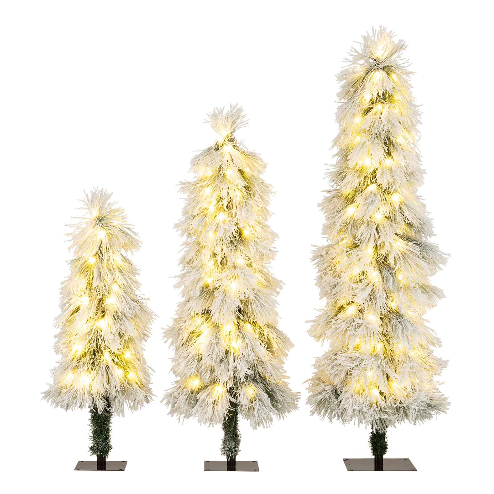 LJG Artificial Christmas Tree Set of 3 with Snow-Flocked Branch Tips and LED Lights