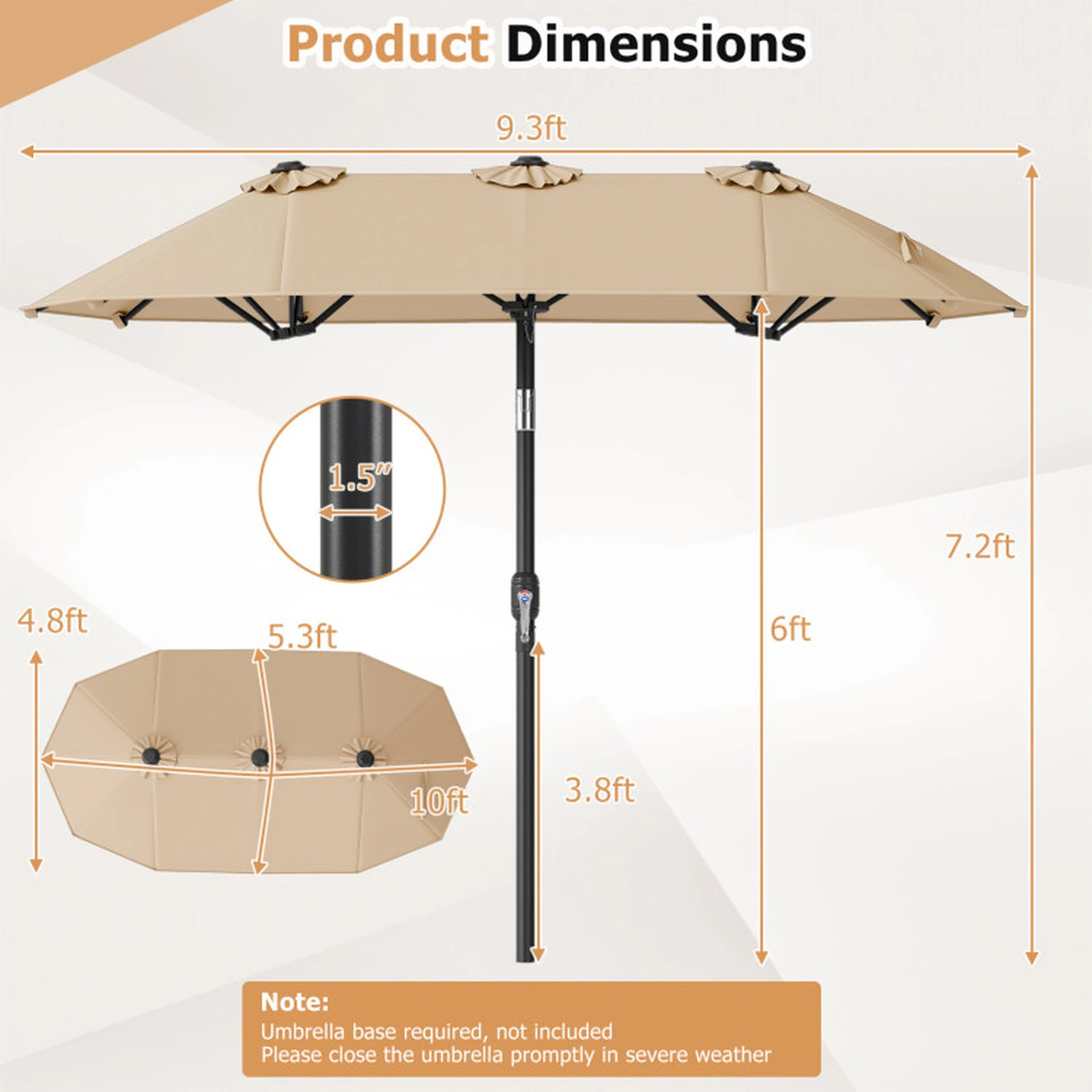 SUGIFT Push Button Tilt Crank Handle and 12 Ribs 10 x 5.3 FT Double-Sided Patio Umbrella