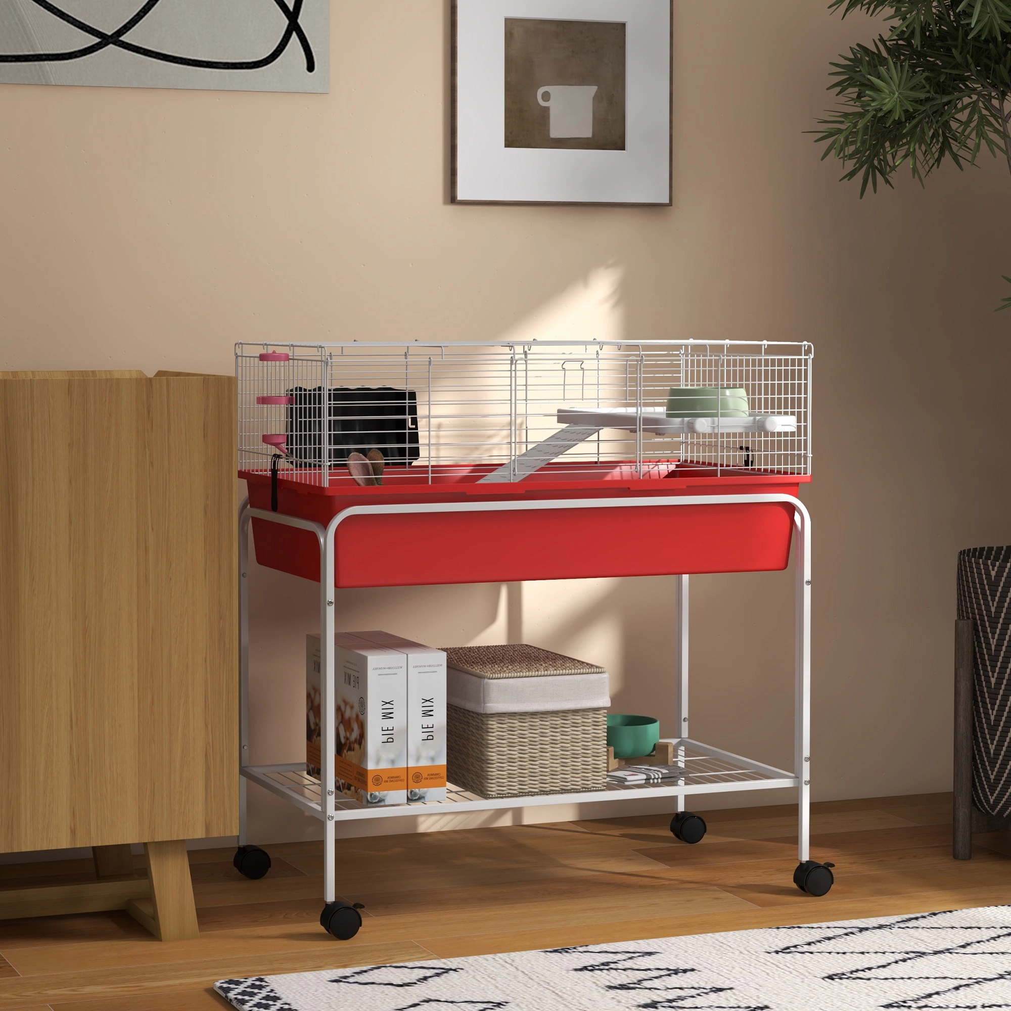 HONGGE Two-Story Small Animal Cage Removable from Stand, Pet Habitat with Shelf & Wheels