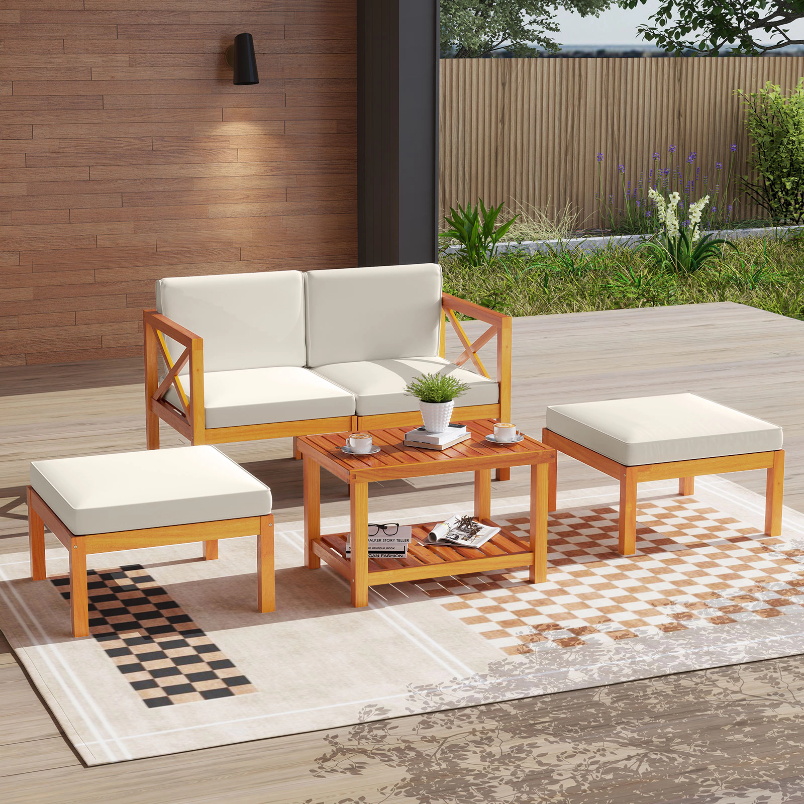 LJG 5 Pieces Acacia Wood Patio Lounge Chair Set with Ottomans and Cushions