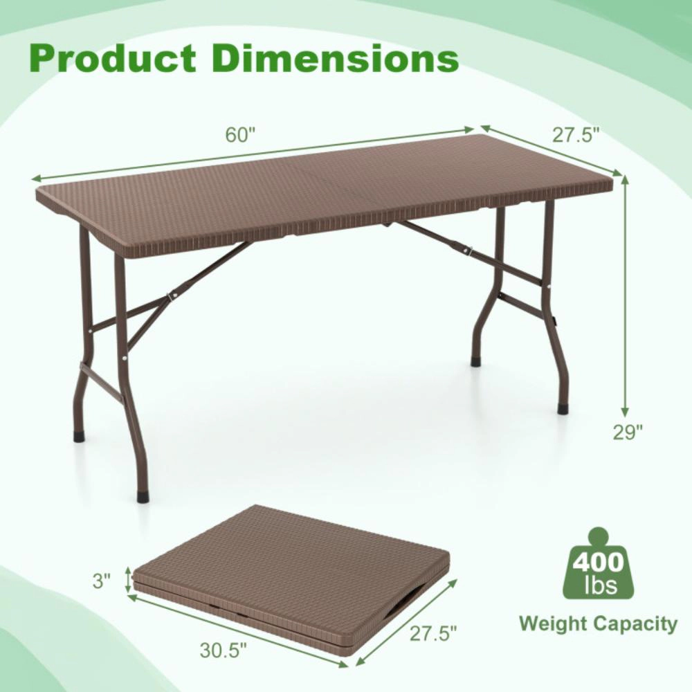 Hivvago 5Ft Folding Picnic Table With Rattan Grain Hdpe Tabletop And Sturdy Metal Fame-Coffee