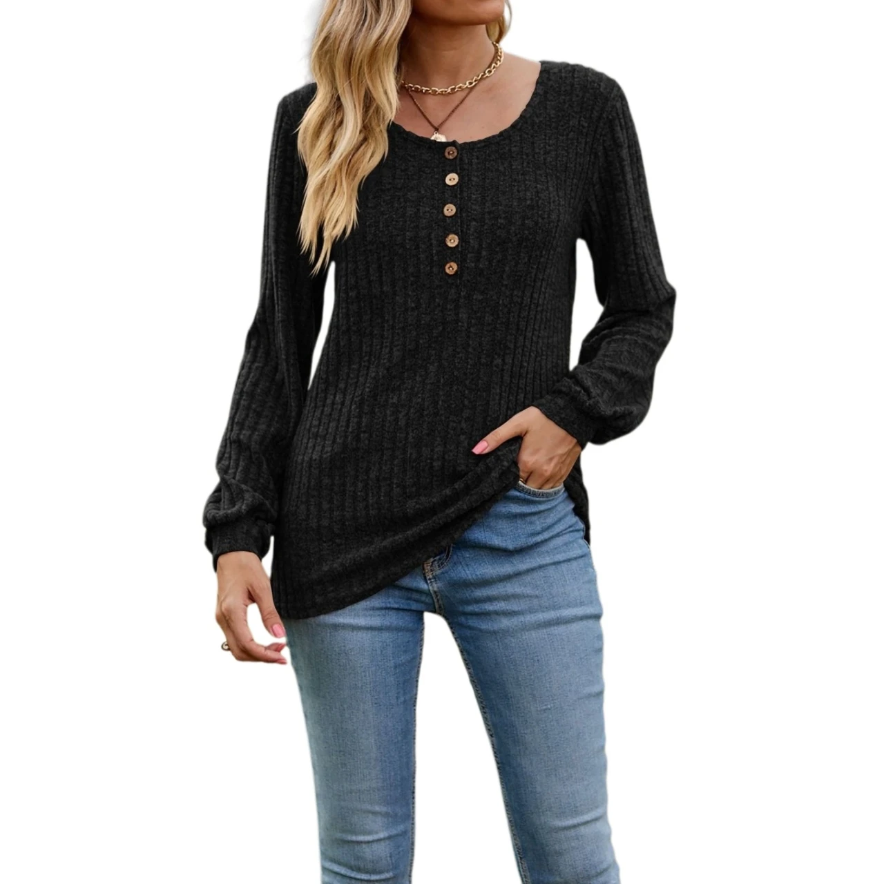 YesFashion Womens Knit Pullover Sweater Casual Lightweight Crew Neck Long Sleeve Henley Tunic Top