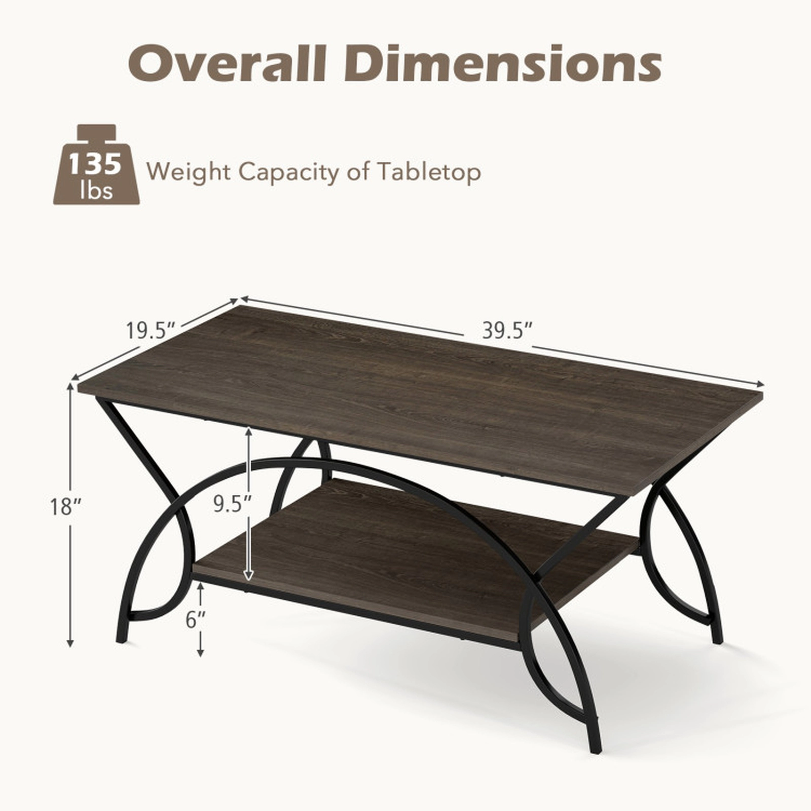 SUGIFT 2-Tier Wood Grain Top Arched Black Steel Frame Coffee Table 39.5-in x 19.5-in x 18-in 110-lb Capacity Oak