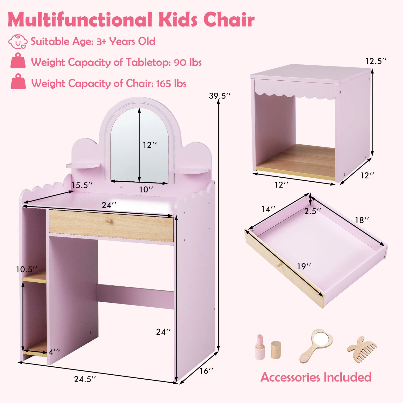 SUGIFT Pink 3 Lighting Modes 2 Shelves Storage Compartments and Stool Kids Vanity Table Set